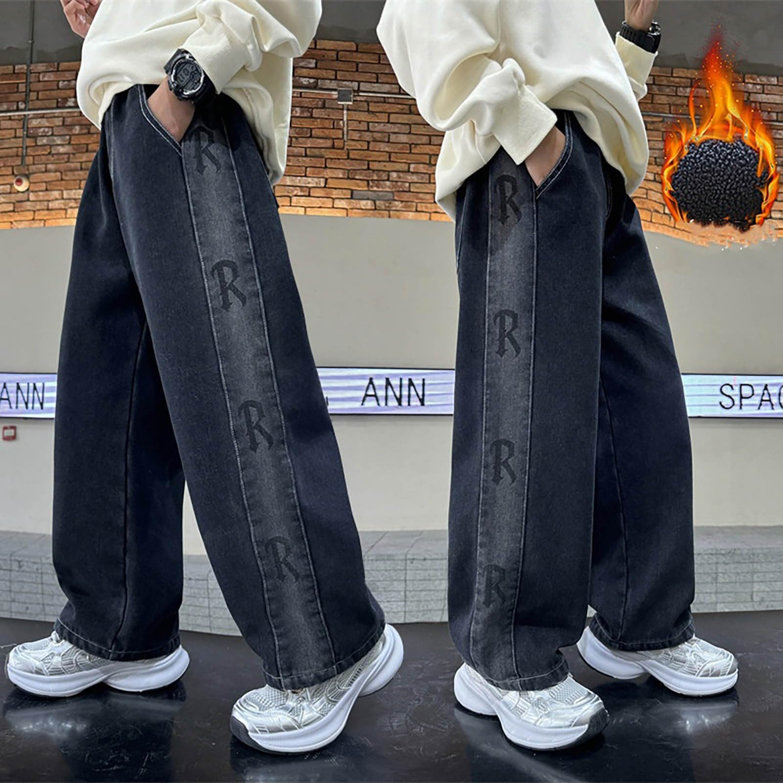 Generico Jeans Bambino 3-12 Anni Elasticizzati Baggy Felpati Pantaloni Jeans Denim Ragazzo Elastico in Vita Straight Vintage Pantaloni Lavoro Cargo Stretch Imbottiti Invernali Y2K Streetwear Tasche
