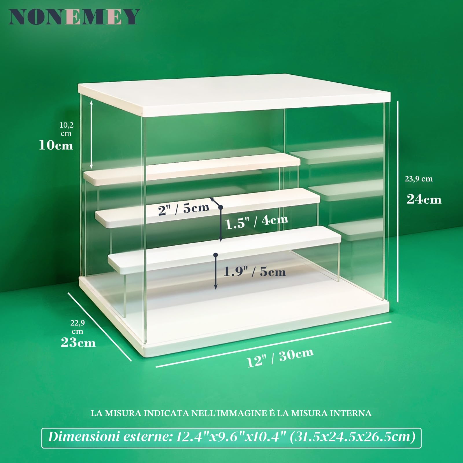 Nonemey Vetrina in Acrilico Trasparente con Luce a Led,2/3/4/5/6 Tier Teca Espositiva di Immagazzinaggio,Organizzatrice Antipolvere Vetrina Espositiva per Collezionismo(Bianco,4Tier-31.5x24.5x26.5 cm)