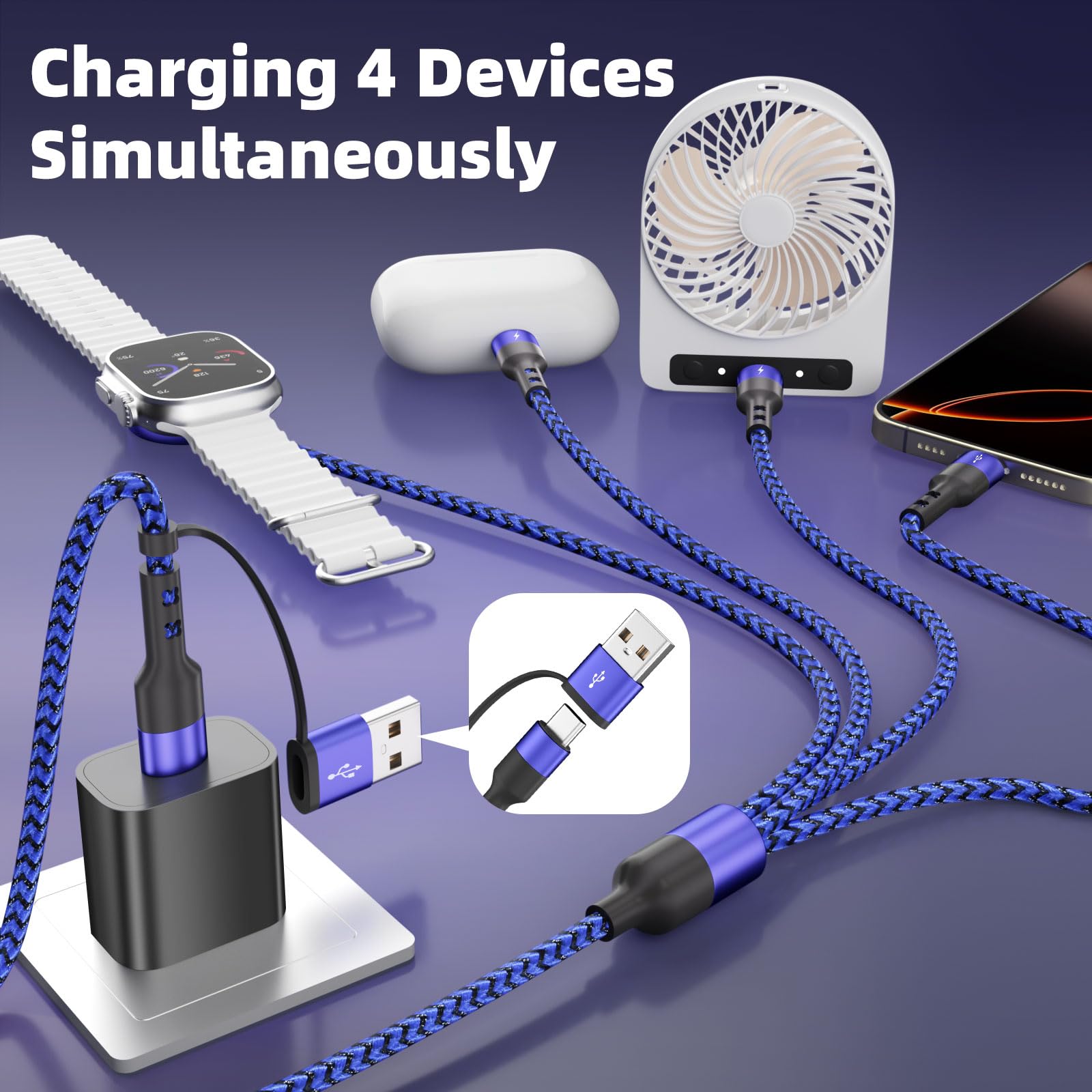 Cruise Travel Essentials - Cavo di ricarica multiplo 4 in 2 con 3 porte di tipo C per iWatch, iPhone 17, cavo USB C Splitter USBA/USBC per iWatch Ultra/SE/11-2, iPhone17-15/S26/caricabatteria da auto