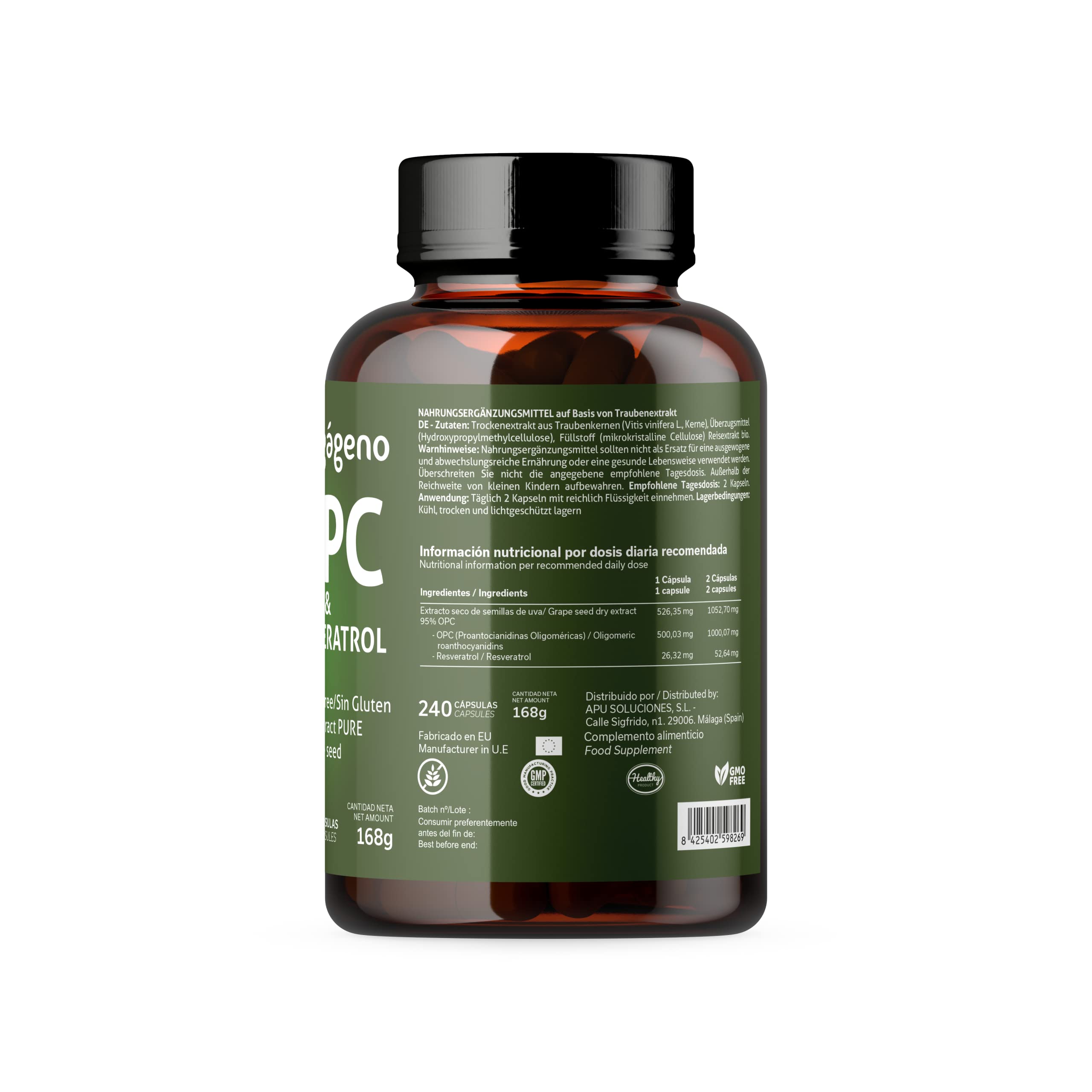 OPC Extrait de Pépins de Raisin et RESVÉRATROL- 240 Capsules Haute Concentration 95% OPC - Puissant Antioxydant Naturel - Sans Stéarate de Magnésium - Non-GMO - VEGAN Friendly