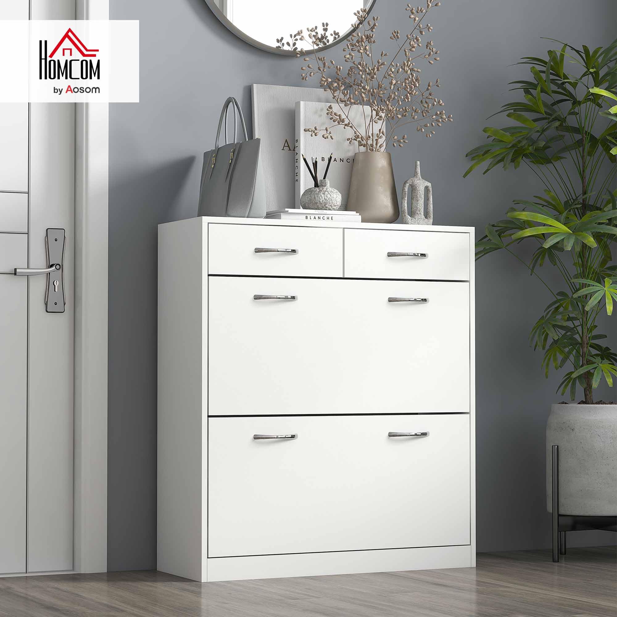 HOMCOM Meuble à Chaussures Armoire à Chaussures 80 x 30 x 91,5 cm Blanc | 2 Tiroirs, 2 Portes Abattantes, Étagère Réglable, Poignées en Aluminium