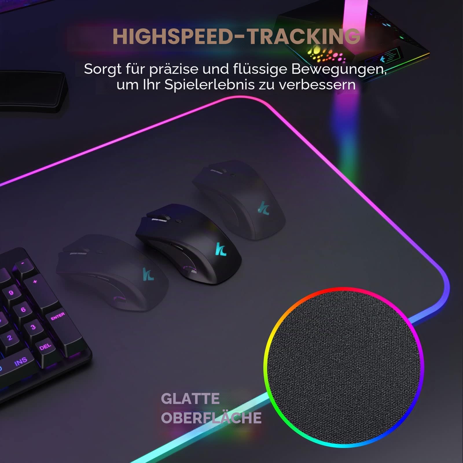 Hcman RGB Gaming Mauspad XXL - 800x300mm Mousepad mit Rutschfester Gummibasis, 7 LED Farben, 10 Beleuchtungs Modi Mouse Pad für Computer PC Professionelle Gamer(Schwarz)