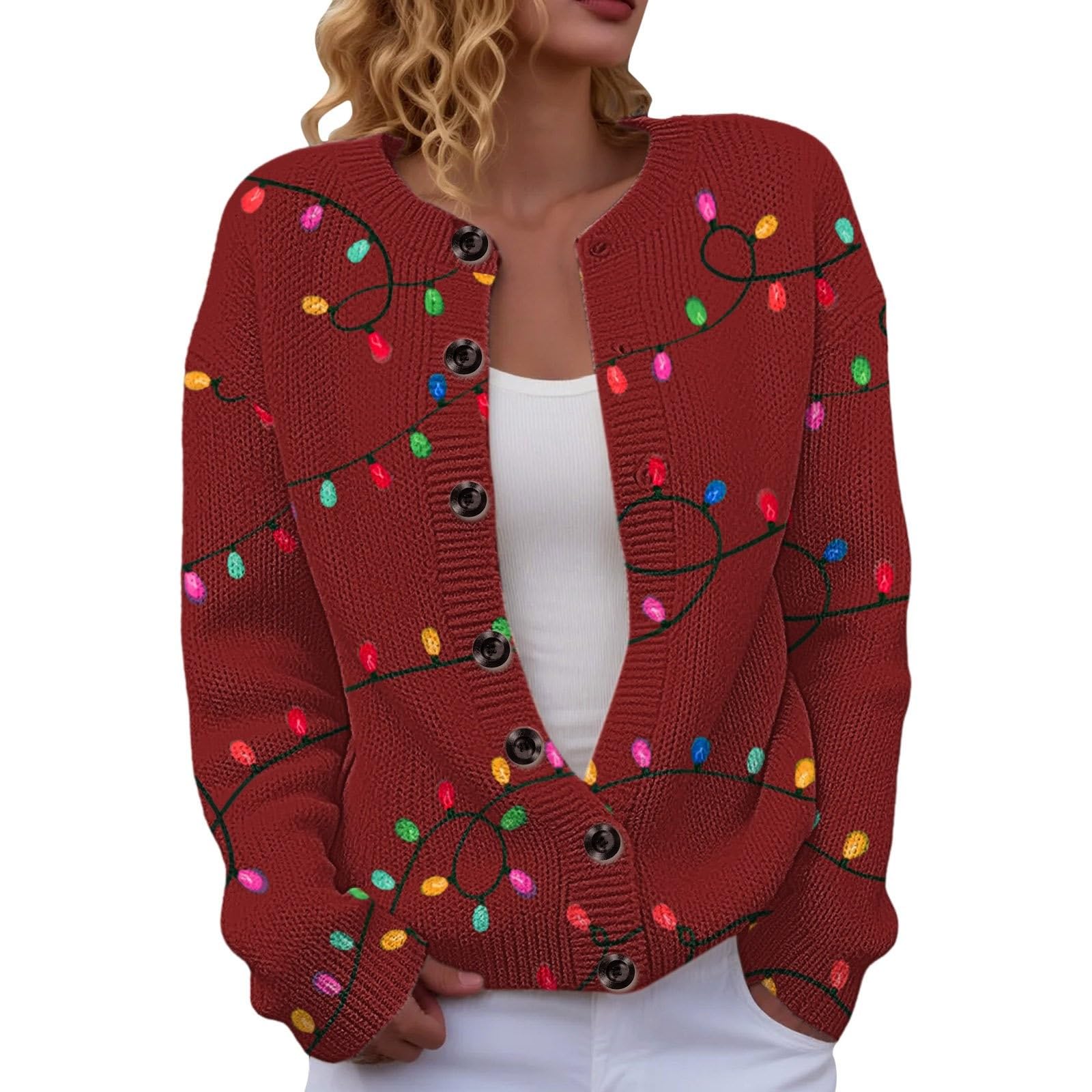 Ugly Christmas Cardigan Women Plus Size Button Down Cute Funny Print Sweaters Winter Warm Cozy Cable Knit Sweater