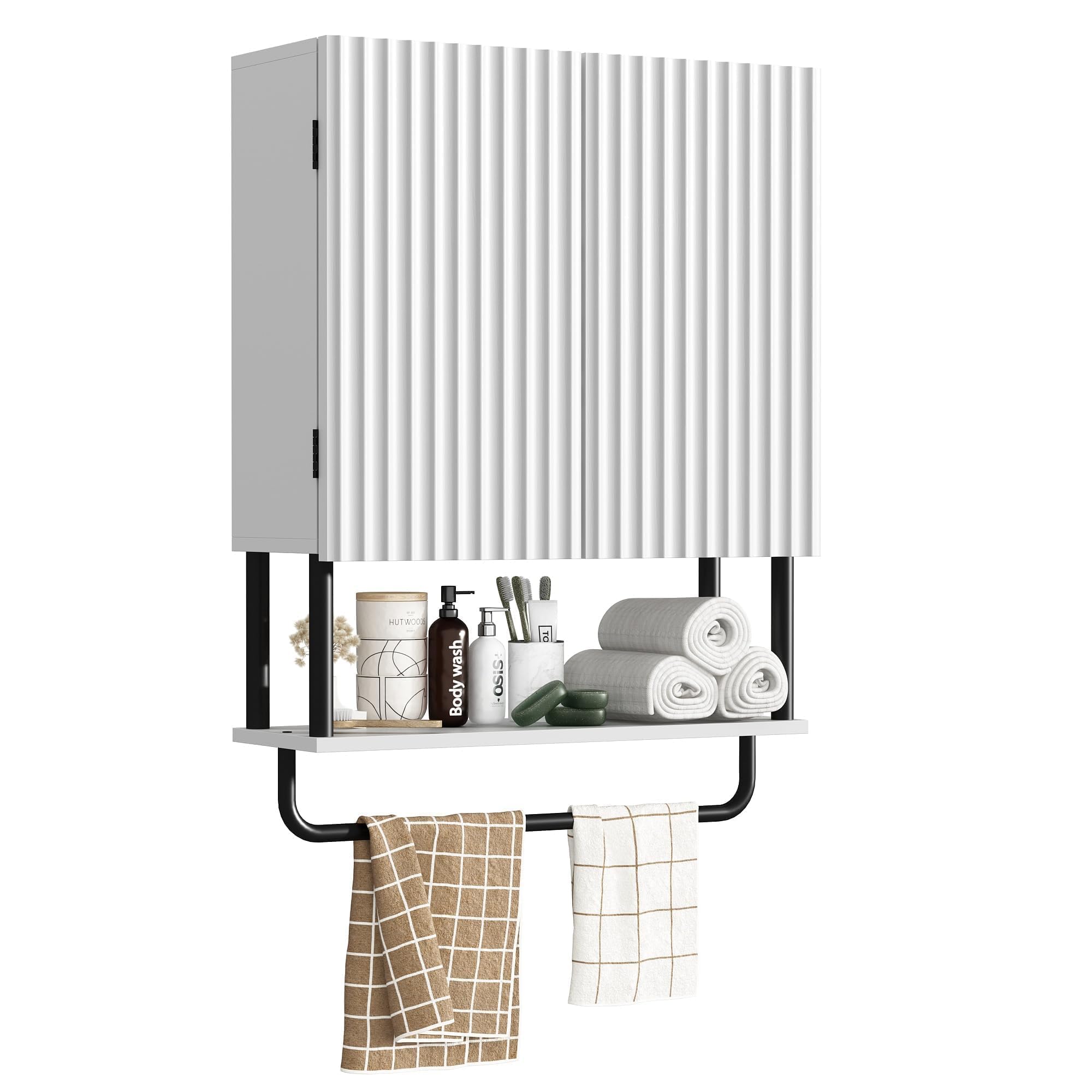 RUSTOWN Fluted Bathroom Wall Cabinet with 2 Doors, 3-Tier Modern Farmhouse Medicine Cabinet, Over The Toilet Storage Cabinet with Adjustable Shelf and