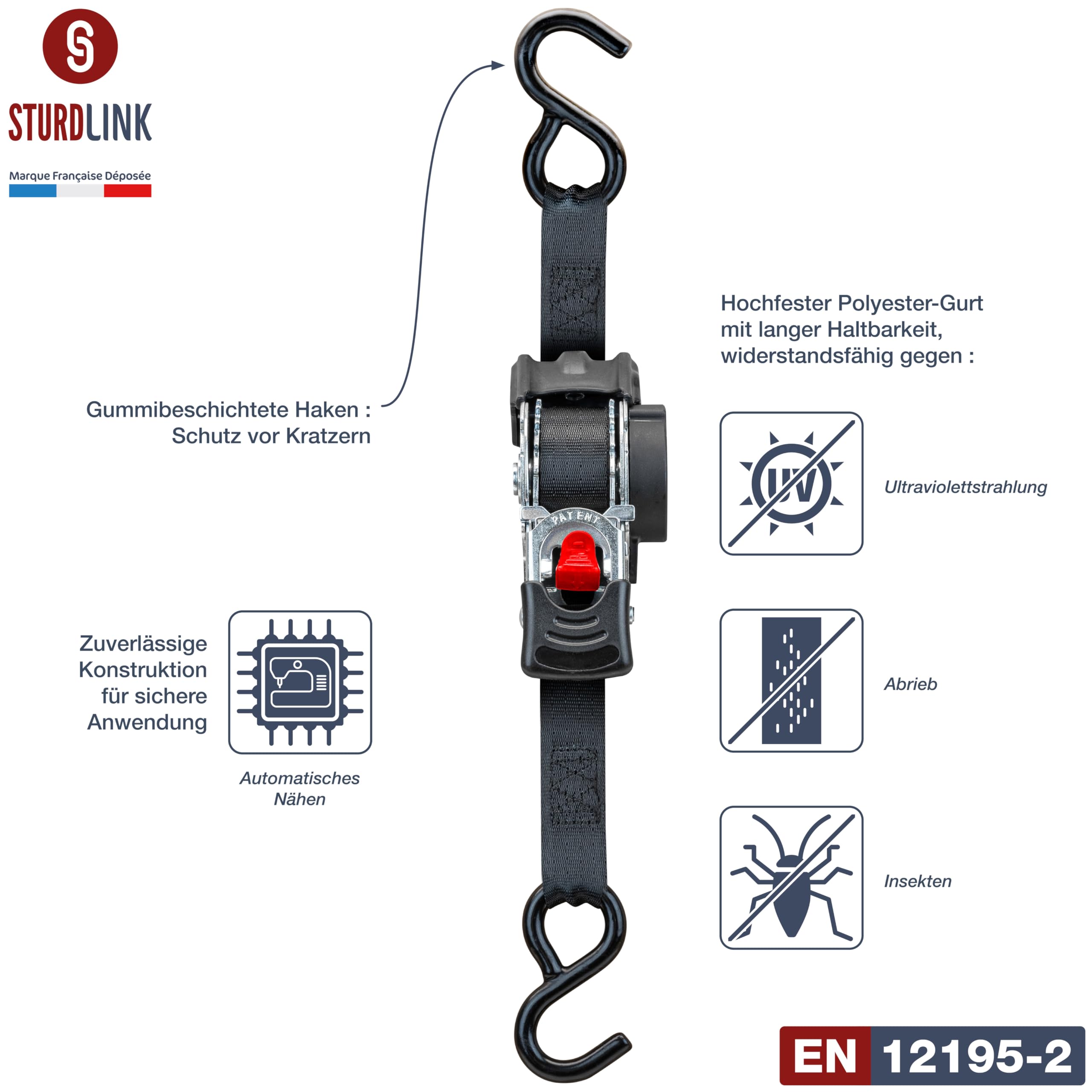 Automatik Spanngurt 25 mm 3 m 16 Stück mit S-Haken LC 300 daN, 600 daN U | Automatische Gurtwicklung | ideale Befestigung Anhänger Motorrad Quad Auto | EN 12195-2 Sturdlink®