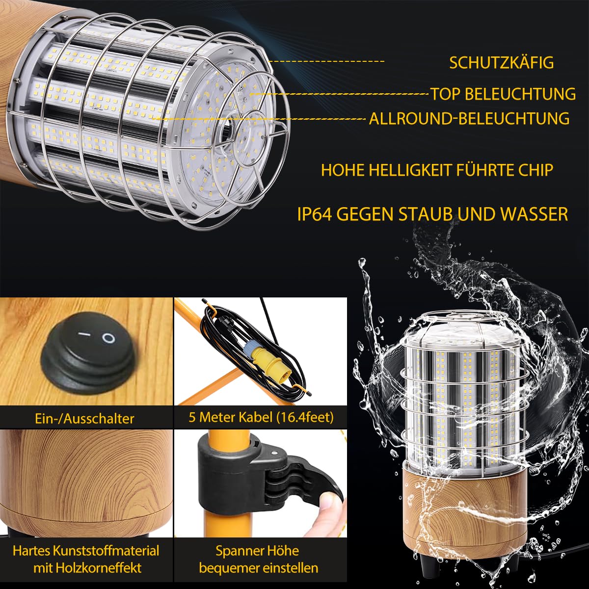 Led Baustrahler Arbeitsstrahler mit Stativ 150W 21000 Lumen Arbeitsstrahler mit Stecker, 360° Rundstahl-Beleuchtung,IP64 wasserdicht (150W Transparent Cover 20000lm)