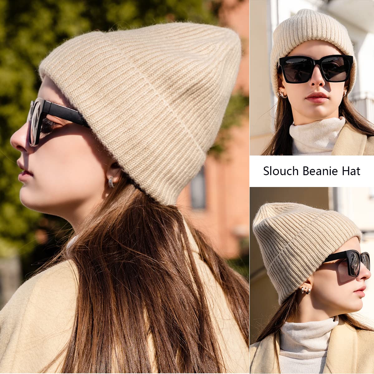 Berretto Classico Donna in Cashmere, Cappello a Polsino a Maglia Caldo Invernale, Morbido Cappellino a Cranio Casual Berretto da Pescatore Cappelli da Sci in 100% Cashmere, Regalo Donne Beige One