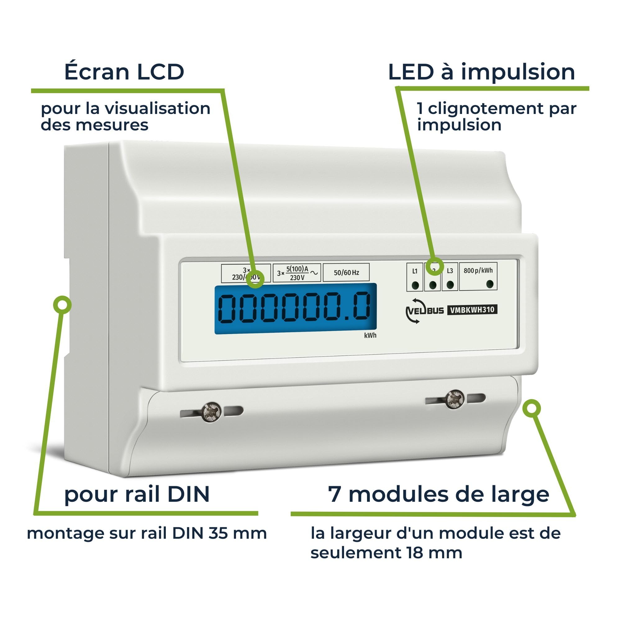 Velleman Compteur d'énergie triphasé, compteur électrique triphasé, delesteur electrique triphasé, compteur énergie, kWh, montage rail DIN, affichage LCD, LED, max. 100 A