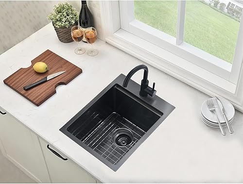 Vista 57 de Fregadero de cocina negro de 21 x 20 pulgadas, fregadero de barra descendente, fregaderos cuadrados de acero inoxidable para estación de trabajo