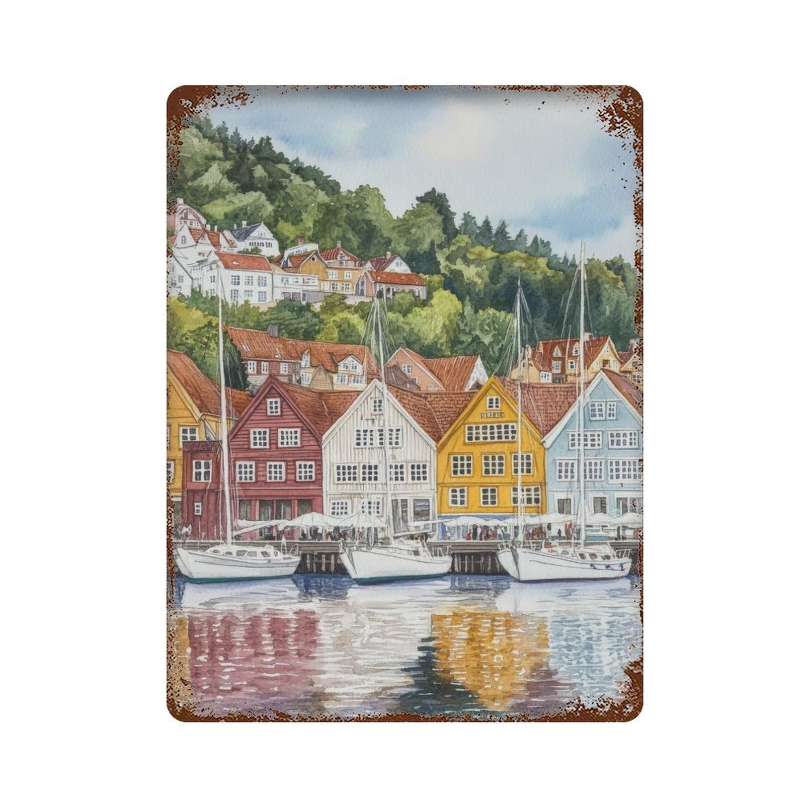xiaoxiaoshen Bergen Norway Norwegian City Scenic Harbor Landscape Wall Decor Art Metal Tin Poster Modern Home Decor Art Home Bar Shop Decorations Vintage Sign 40x30cm