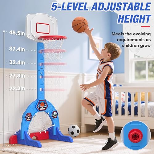 Miniatura 3 de Aro de baloncesto para niños pequeños, centro de actividades deportivas 3 en 1 con portería de fútbol, juego de golf, aro de baloncesto para niños