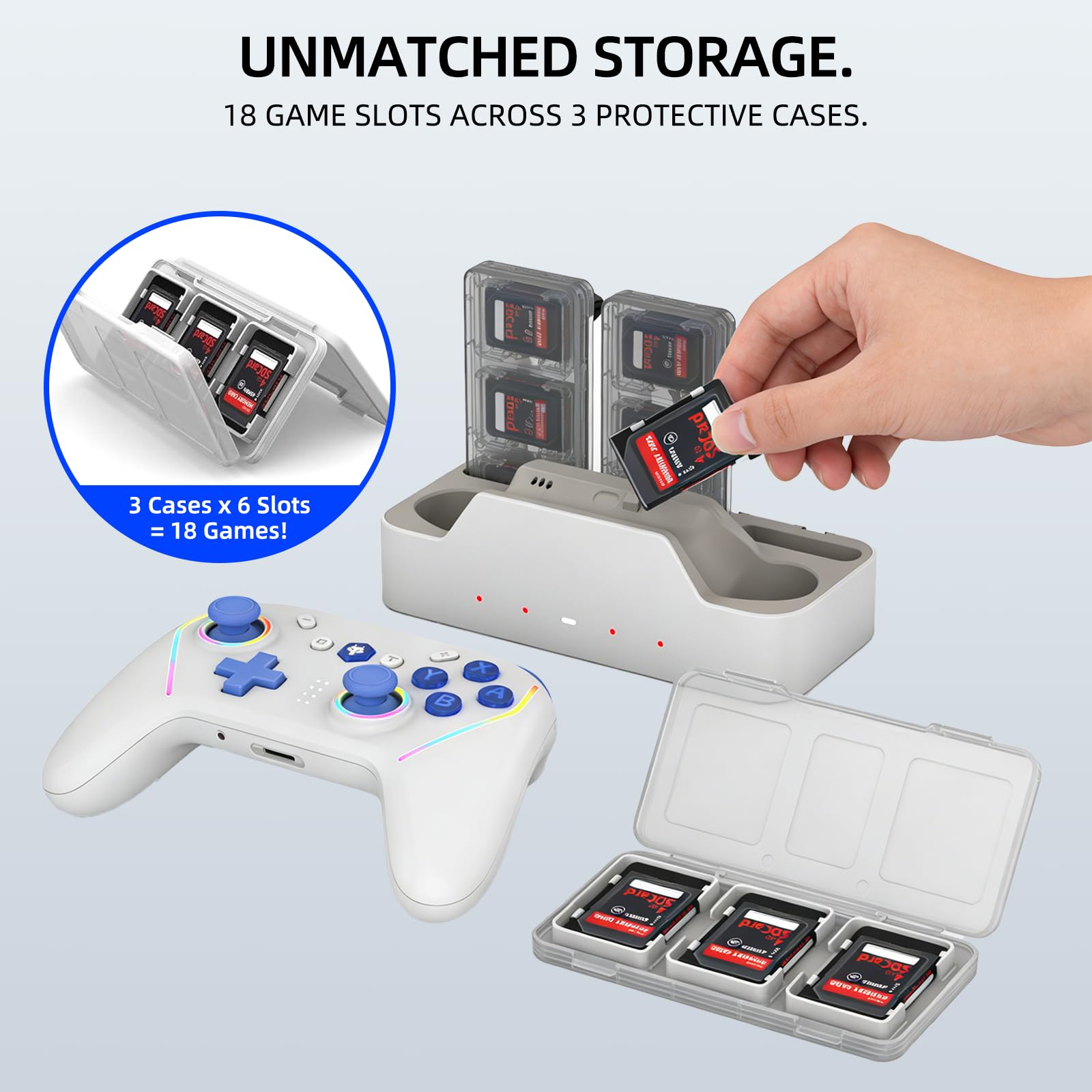 NBCP W2 Wireless Controller and Charging Dock Bundle for Nintendo Switch 2,5-in-1 Magnetic Fast Charger Station with 18 Game Card Storage,RGB Light,Customizable Turbo & Macro Gaming Remote — view 2