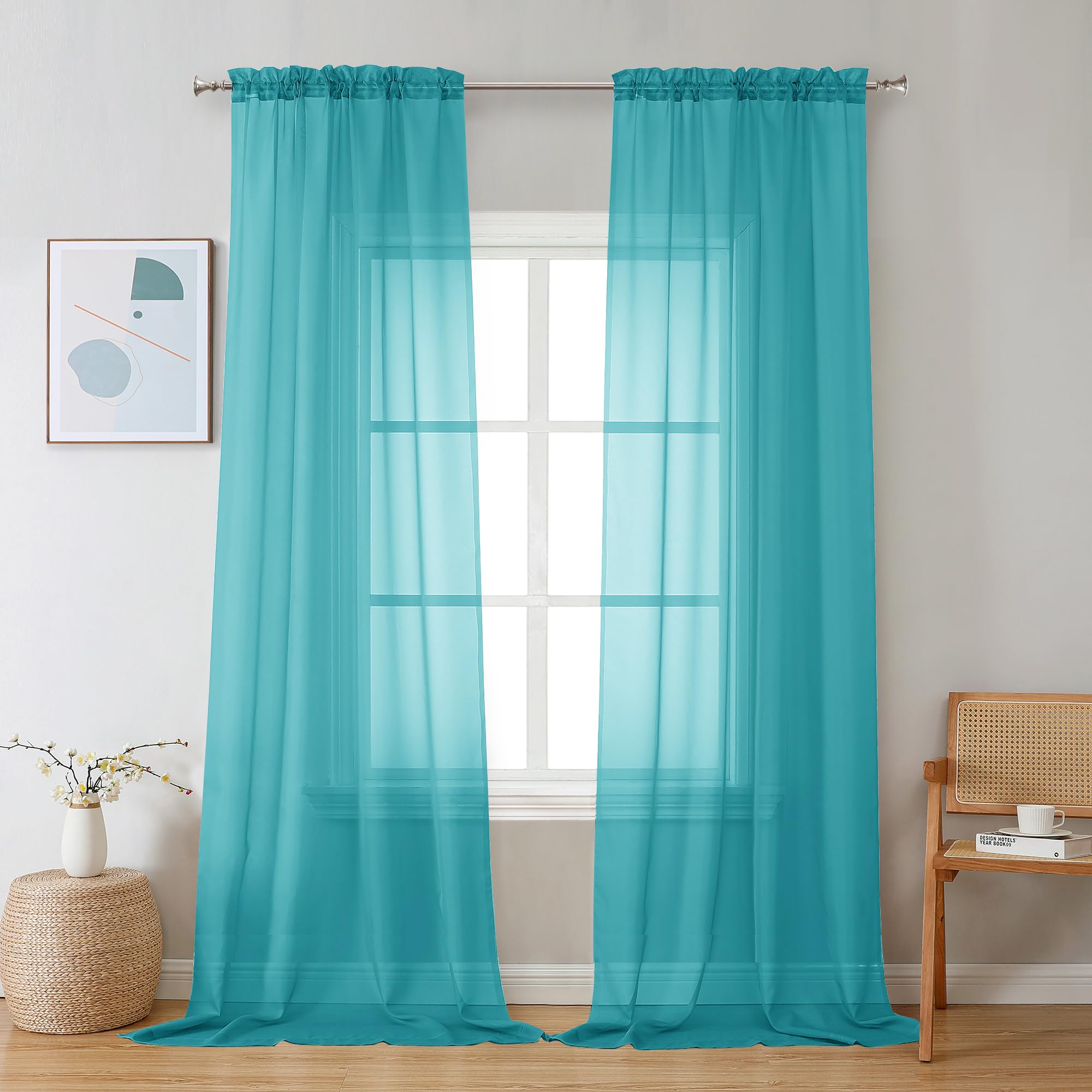 Chyhomenyc Sheer Turquoise Curtains 90 inches Long 2 Panels, Light Filtering Soft Airy Solid Elegant Voile Window Treatment Drapes for Bedroom Living Room Wedding Party Decor, 42 Wx90 L Inches — image 1