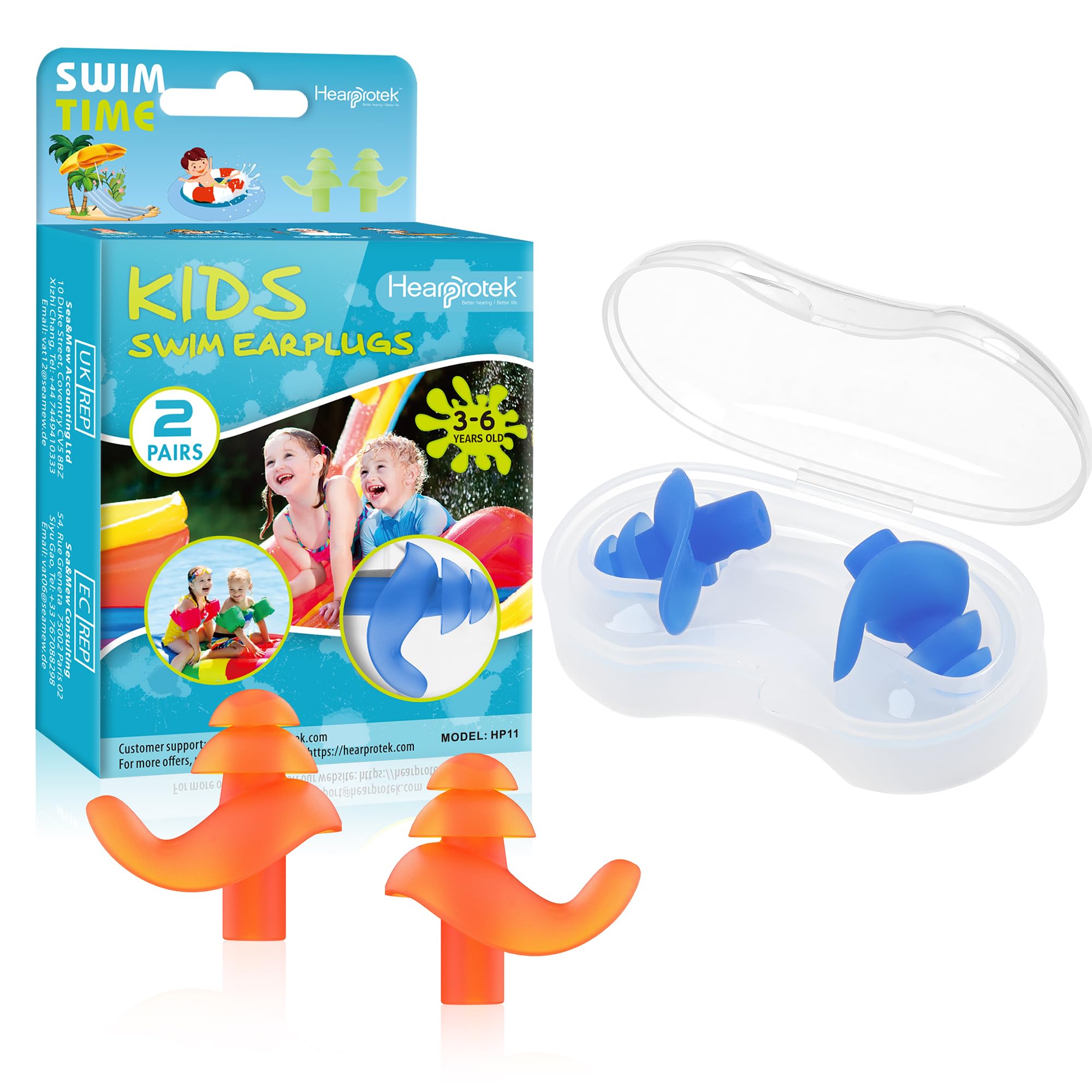 Hearprotek Tapones para los Oídos Natación 2 Pares Silicona Reutilizables a Prueba de Agua Nadadores Duchas Deportes Acuáticos Tamaño Niños Azul Naranja