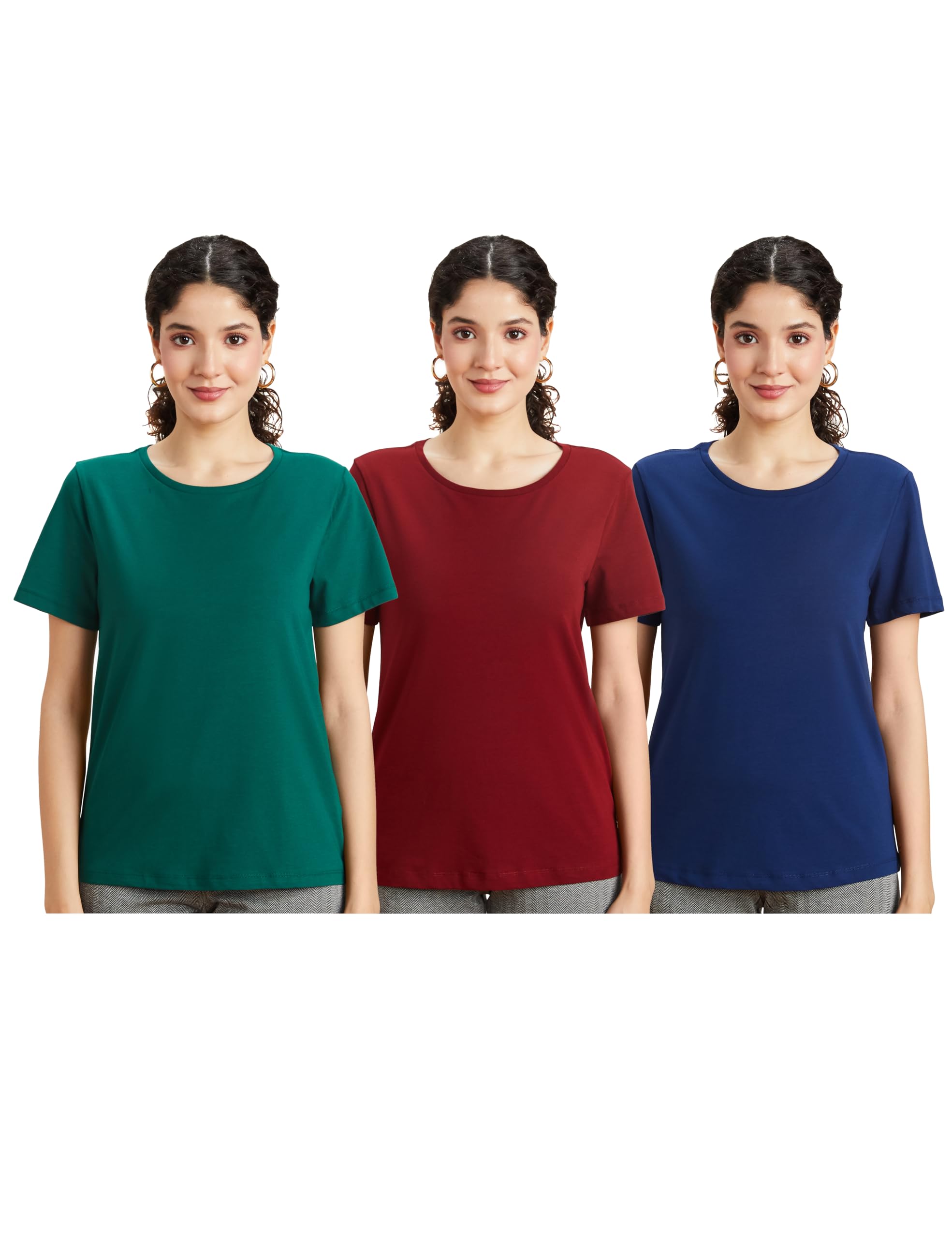 Women's Solid Cotton Stretch Half Sleeve Round Neck Regular Fit T-Shirt (Pack of 3)