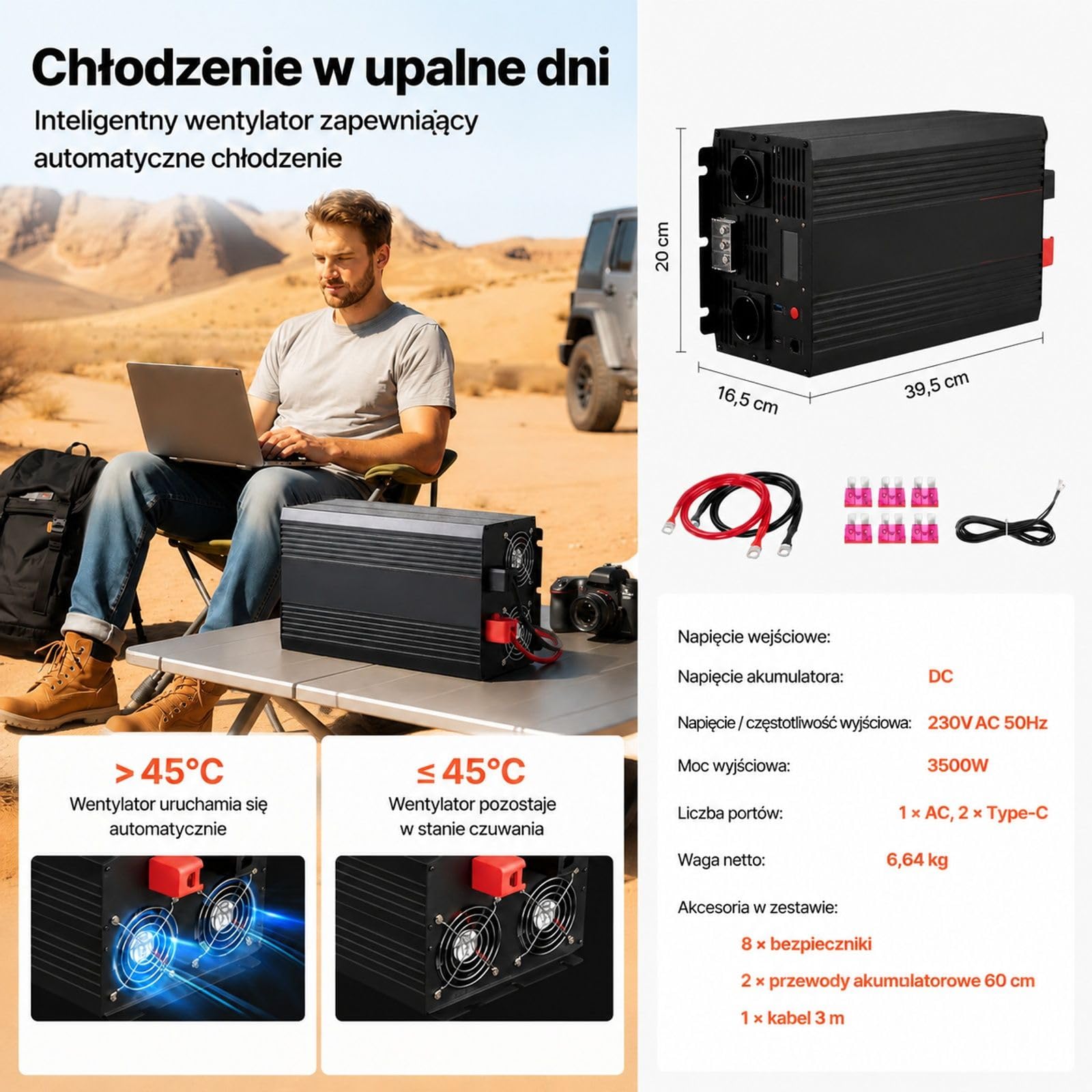Falownik czystej fali sinusoidalnej 3500 W, 12 V DC do 230 V AC, ekran LCD, obudowa ze stopu aluminium, 2 gniazda do auta kampera domu