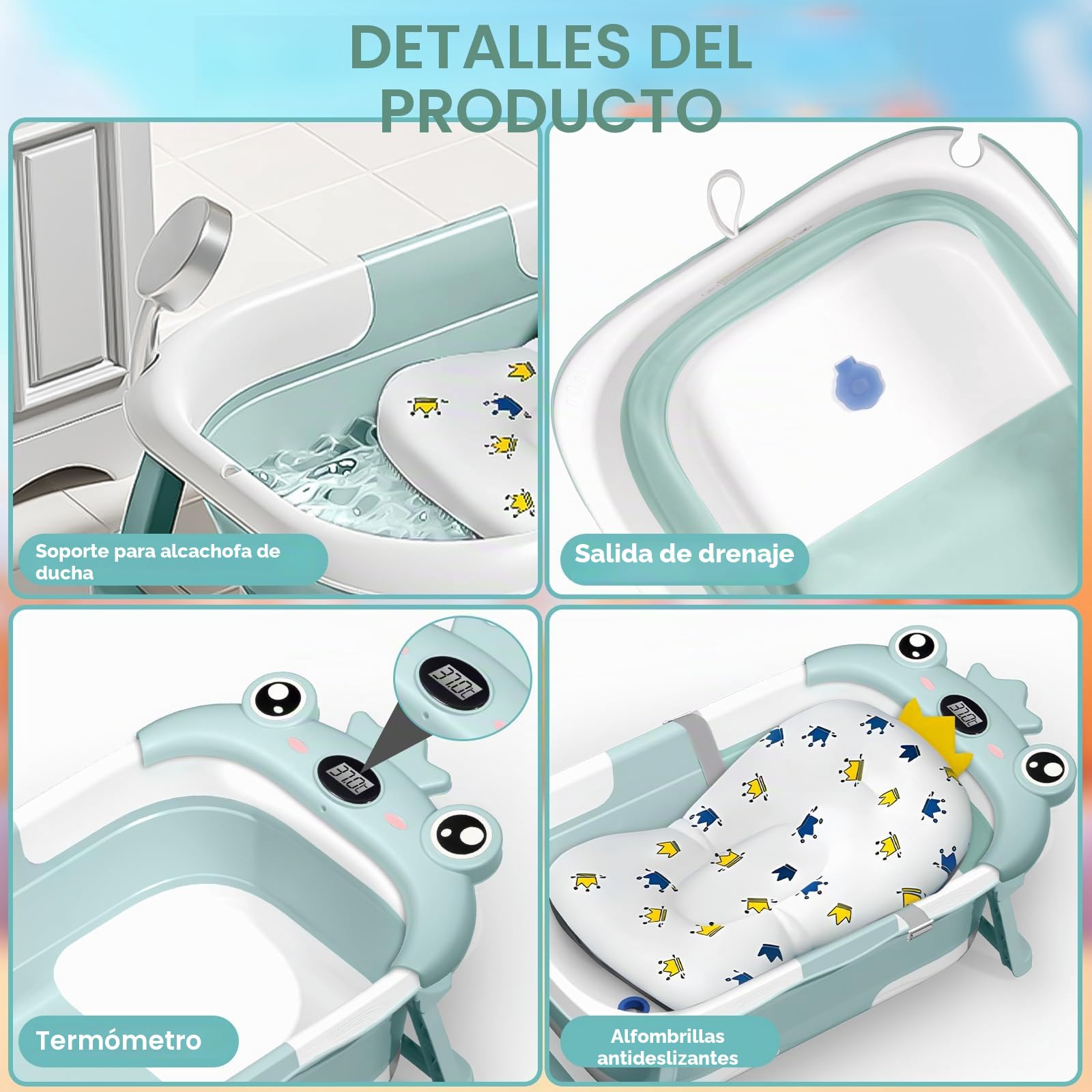 Bañera Plegable Bebe, Bañera Bebe con Termometro y Cojín, Bañera Bebe Portátil, Reductor Bañera Bebe, Bañera de Bebe para Recién Nacidos y Niños de 0 A 36 Meses (Verde)