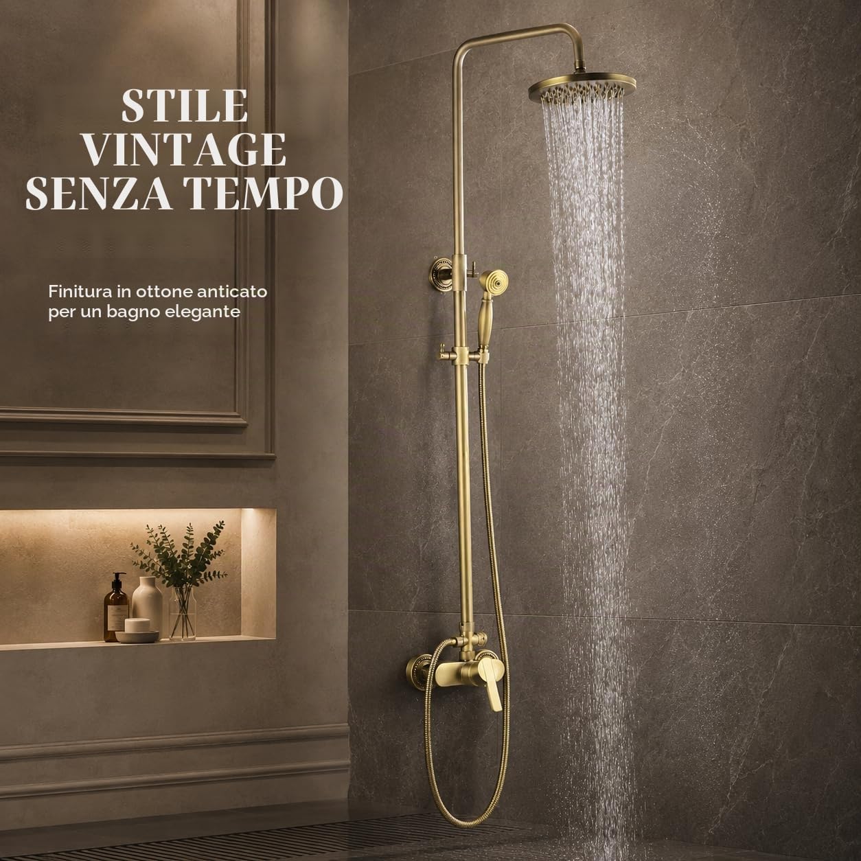 Doccia a Incasso Sistema Parete con Soffione Pioggia Quadrato 20cm, Doccetta a Mano, Rubinetto Vasca e Asta Doccia Regolabile in Finitura Bronzo