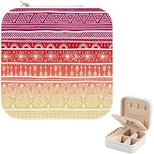Red Yellow Orange Stripe Flower Mini Travel Jewelry Case For Women Girls, Small Portable Display Storage Box With Mirror, Mini Jewelry Organizer For Rings Earrings Necklaces Storage