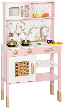 AIYAPLAY Kids Play Kitchen Toy Kitchen Playset 12Pcs Accessories with Realistic Oven, Microwave, Sink and Cutting Vegetable Toys for Toddlers Ages 3-6 Years, Pink