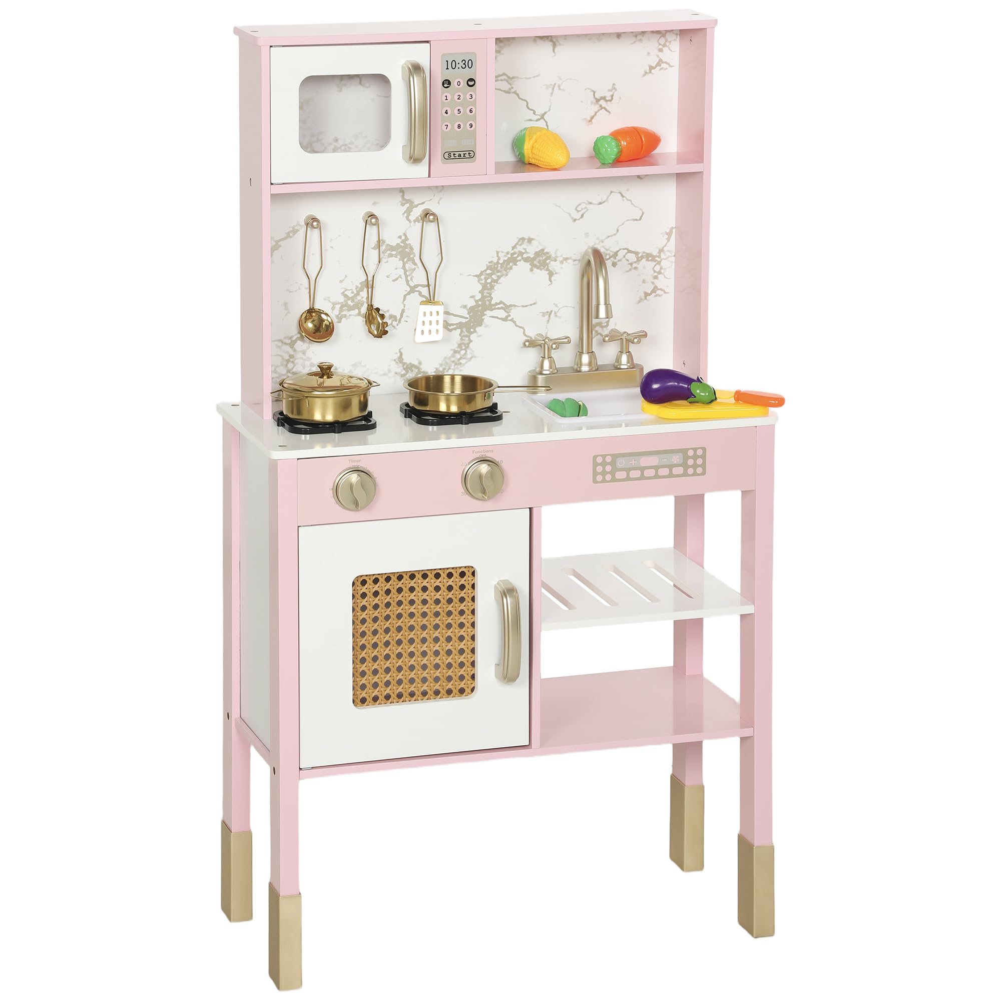 AIYAPLAY Kids Play Kitchen Toy Kitchen Playset 12Pcs Accessories with Realistic Oven, Microwave, Sink and Cutting Vegetable Toys for Toddlers Ages 3-6 Years, Pink