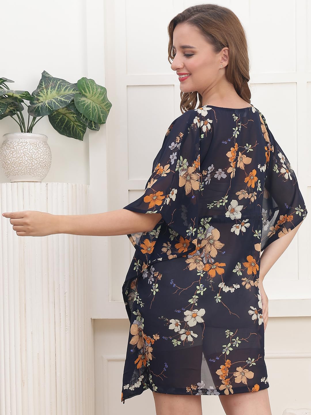 Claura Women's Beach Cover up Sarong, Orange Floral Print, Georgette, Free Size, Lightweight Swimwear Top (Navy) 1