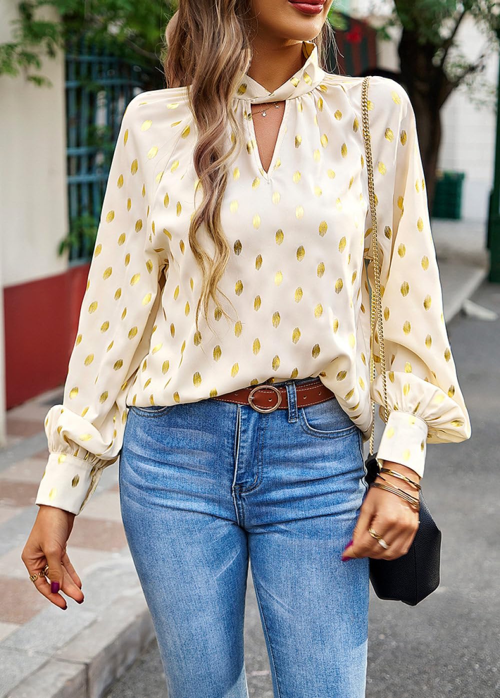 Bluse Damen Langarm,Damen Freizeitbluse, Hohler Twist Stehkragen, Pullover Hemd, Grüne Polka Dot Bronzierung, Stilvolles Hemd, Raglan Langarm Elegante Bluse, Arbeits Und Ausgeh Blusenoberteile