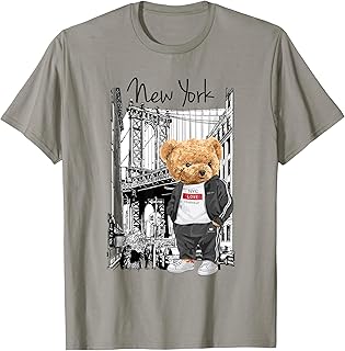 Unisex-Kids Grey Cartoon Teddy Bear NYC Graphic T-Shirt
