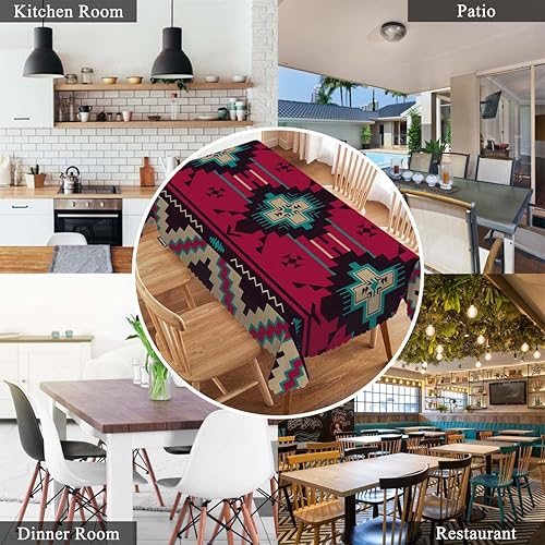 Miniatura 6 de Swono Mantel rectangular con patrón étnico geométrico rojo estilo navajo americano, lavable, a cuadros, para cocina, cena de vacaciones, mantel de