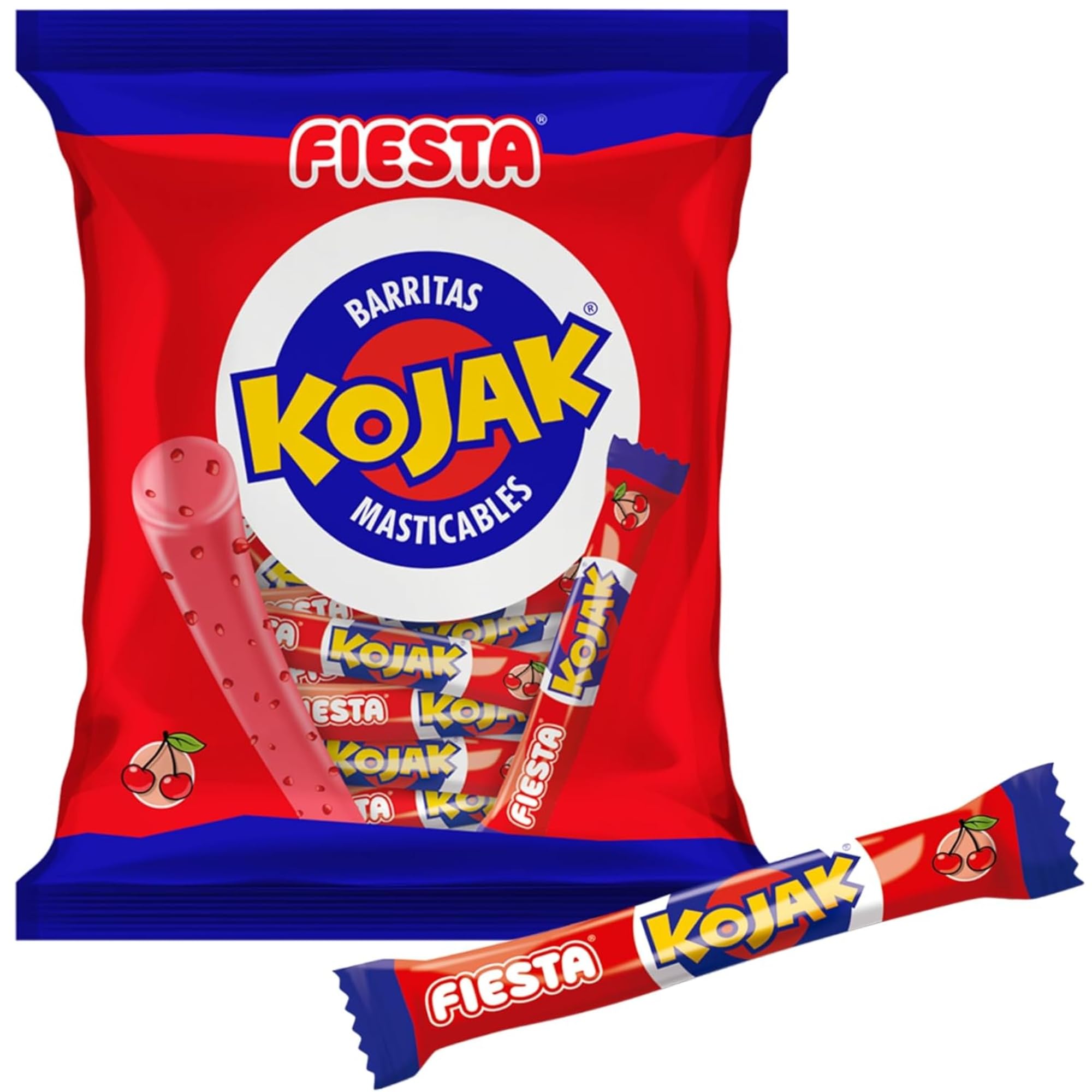 Barra Masticable Sabor cereza, Caramelo masticable gominola, Palotes Kojak Cereza, sin gluten, textura suave y masticable con trocitos de delicioso caramelo de cereza, Contiene 2 bolsa con 50 unidades