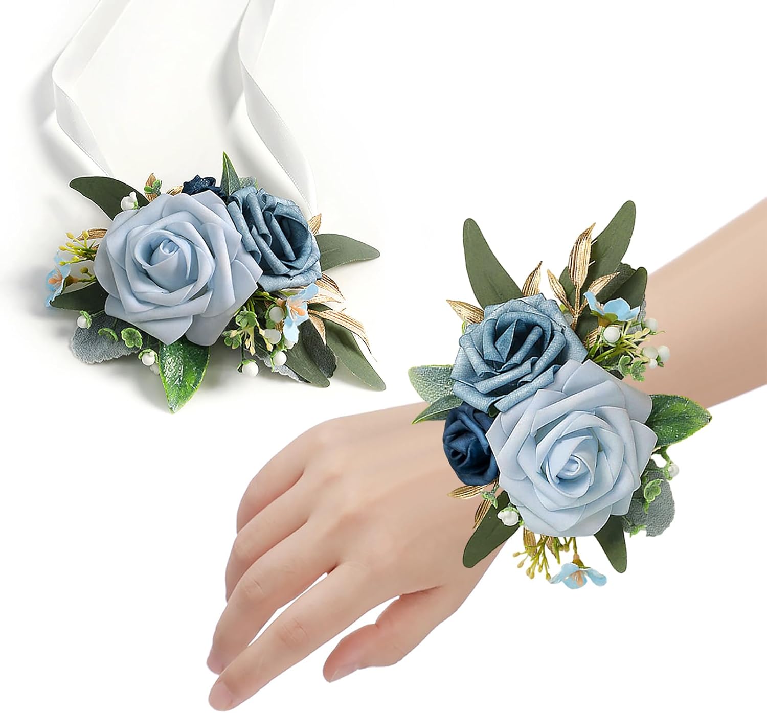 Set of 6 Dusty Blue Flowers Wrist Corsage for Wedding, Artificial Flower Wrist Corsage Wristlet Bridal Flower Corsage for Bridal Shower Wedding Prom
