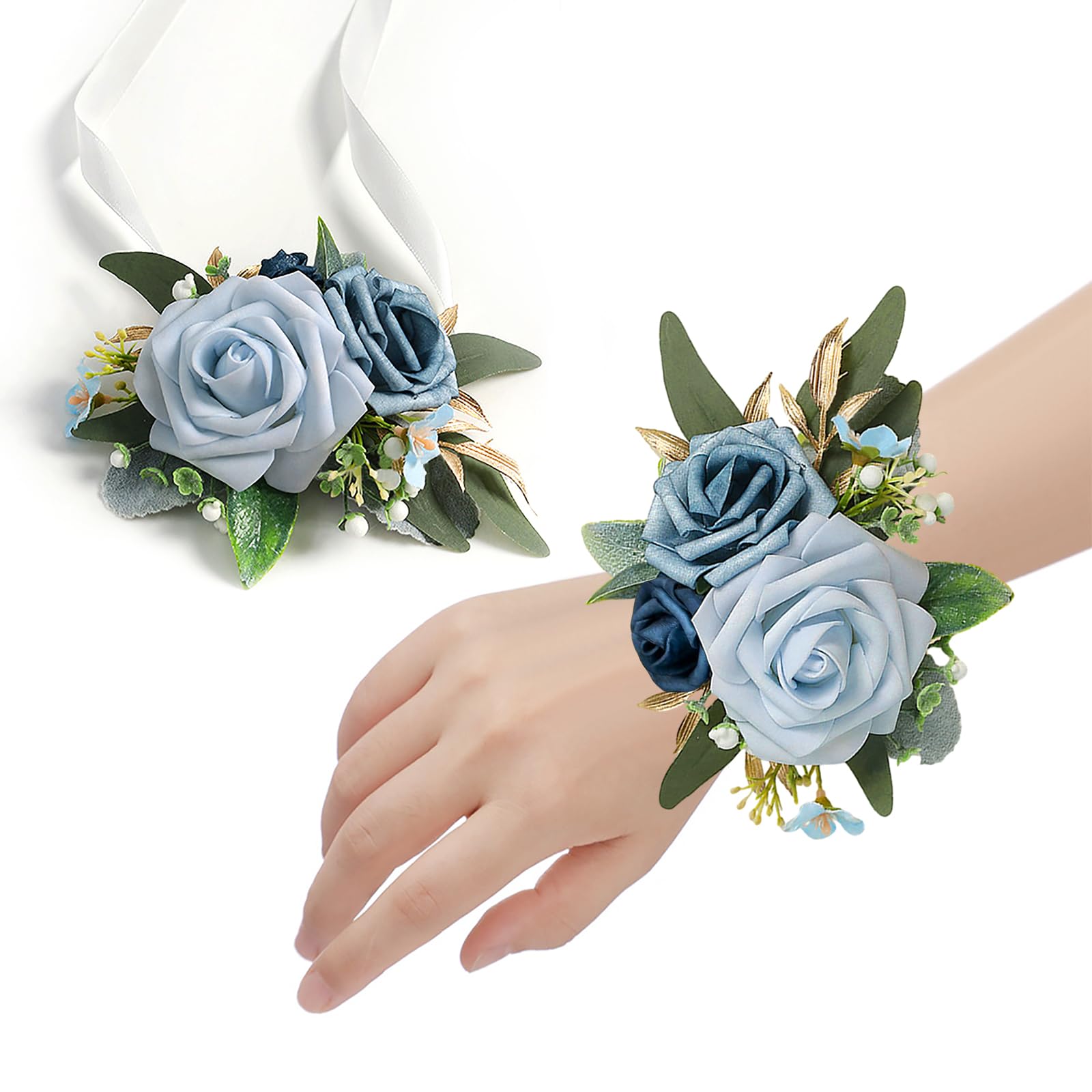 what color corsage for blue dress Roahosy Set of 6 Dusty Flowers Wrist Wedding, Artificial Flower Wrist Corsage Wristlet Bridal Flower Corsage for Bridal Shower Wedding Prom : Home & Kitchen SCHL003110_G and a variety of Men's Size:11 US What Color Shoes to
