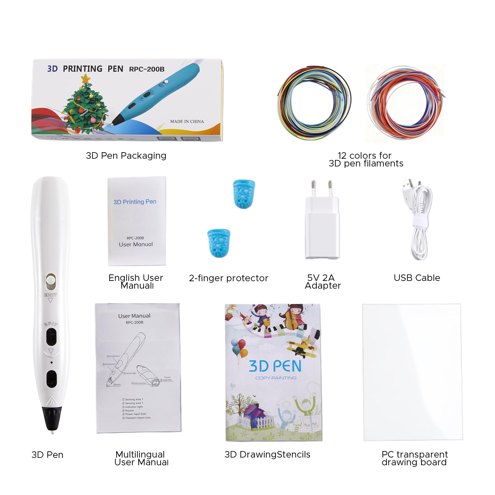 RPC200B Set di penna 3D, incluso filamento in plastica PLA a 12 colori, compatibile con filamento PLA, adatto per lavori fai artigianali. (bianco)