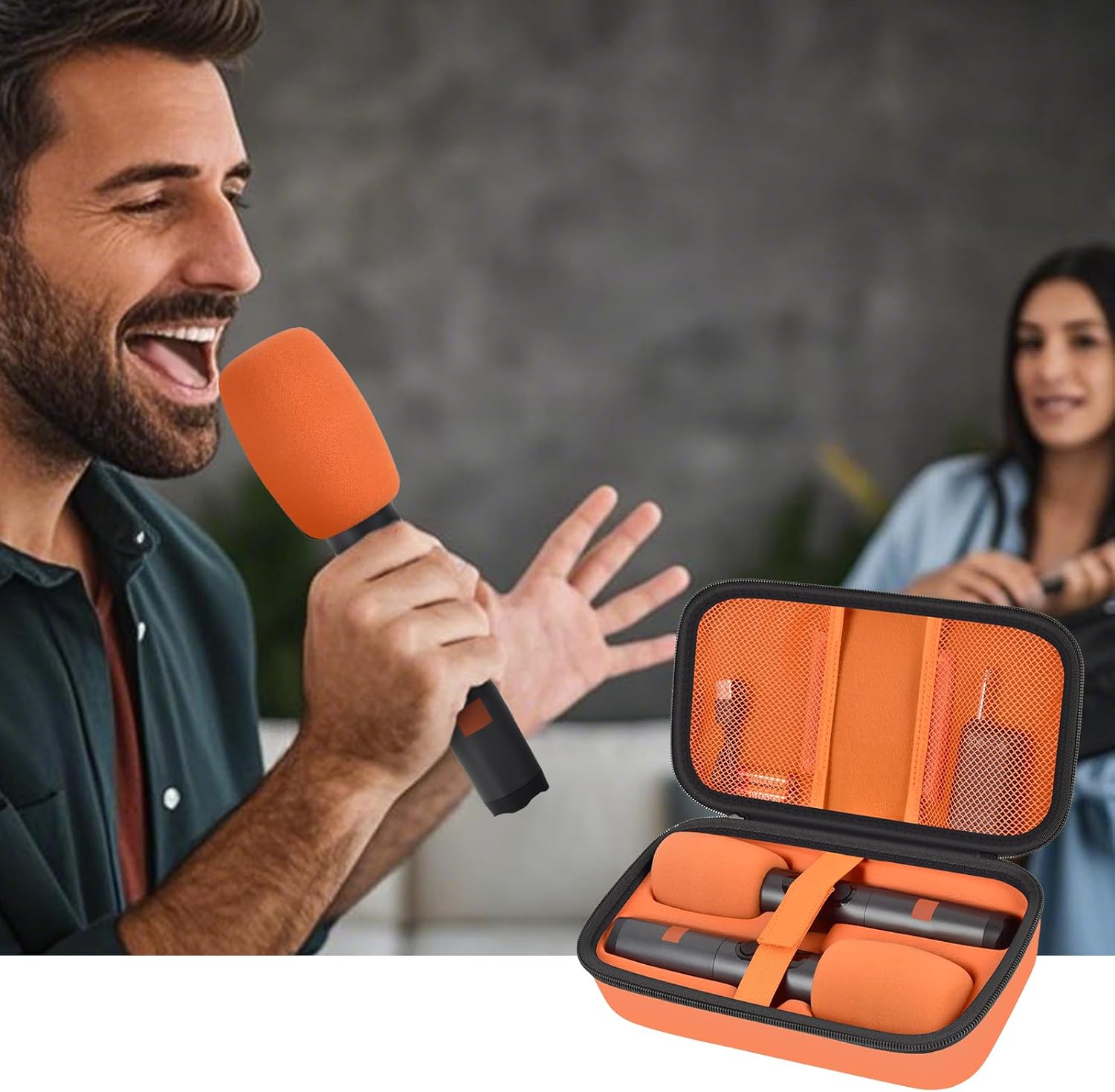 Wireless Microphone Case for JBL PartyBox & Two Mic System, Shockproof Karaoke Microphones Travel Storage Box with Mic Foam Cover, Holds 2 Mics, Receivers, Adapters, AA Batteries - Orange+Black Zipper - Image 9