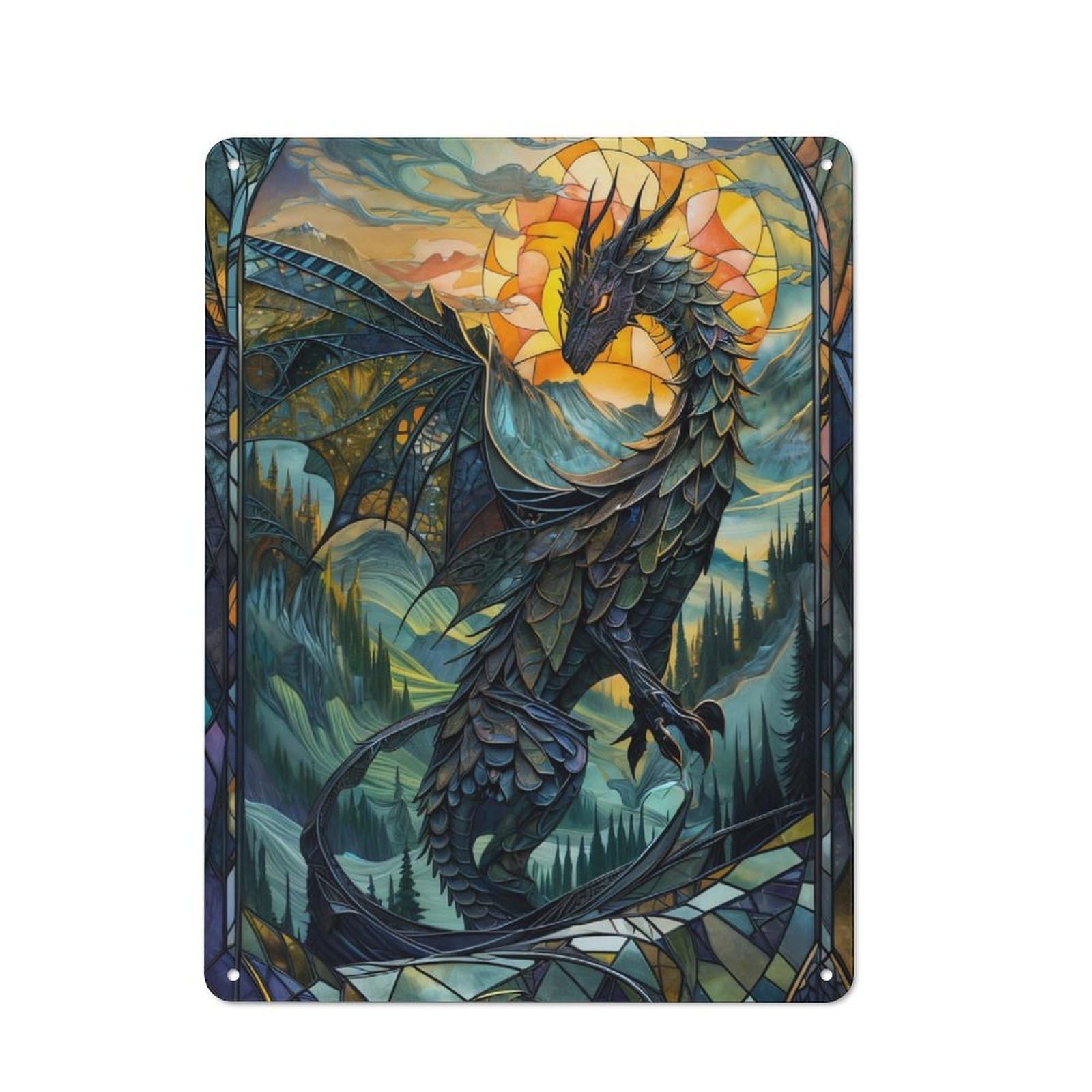 Junmoney Stained Glass Dragon Tail Classic Metal Wall Plaque 40X30cm, Retro Room Decor For Bedroom, Office, Home Bar Or Dining Room