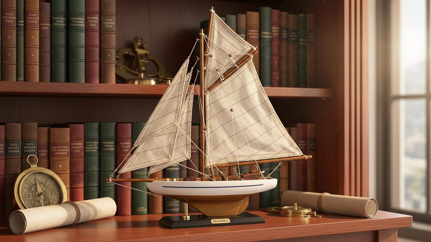 SAILINGSTORY Wooden Sailboat Decor Ship Model Yacht Classic America's Cup Racer Columbia 1901 Replica, Ivory