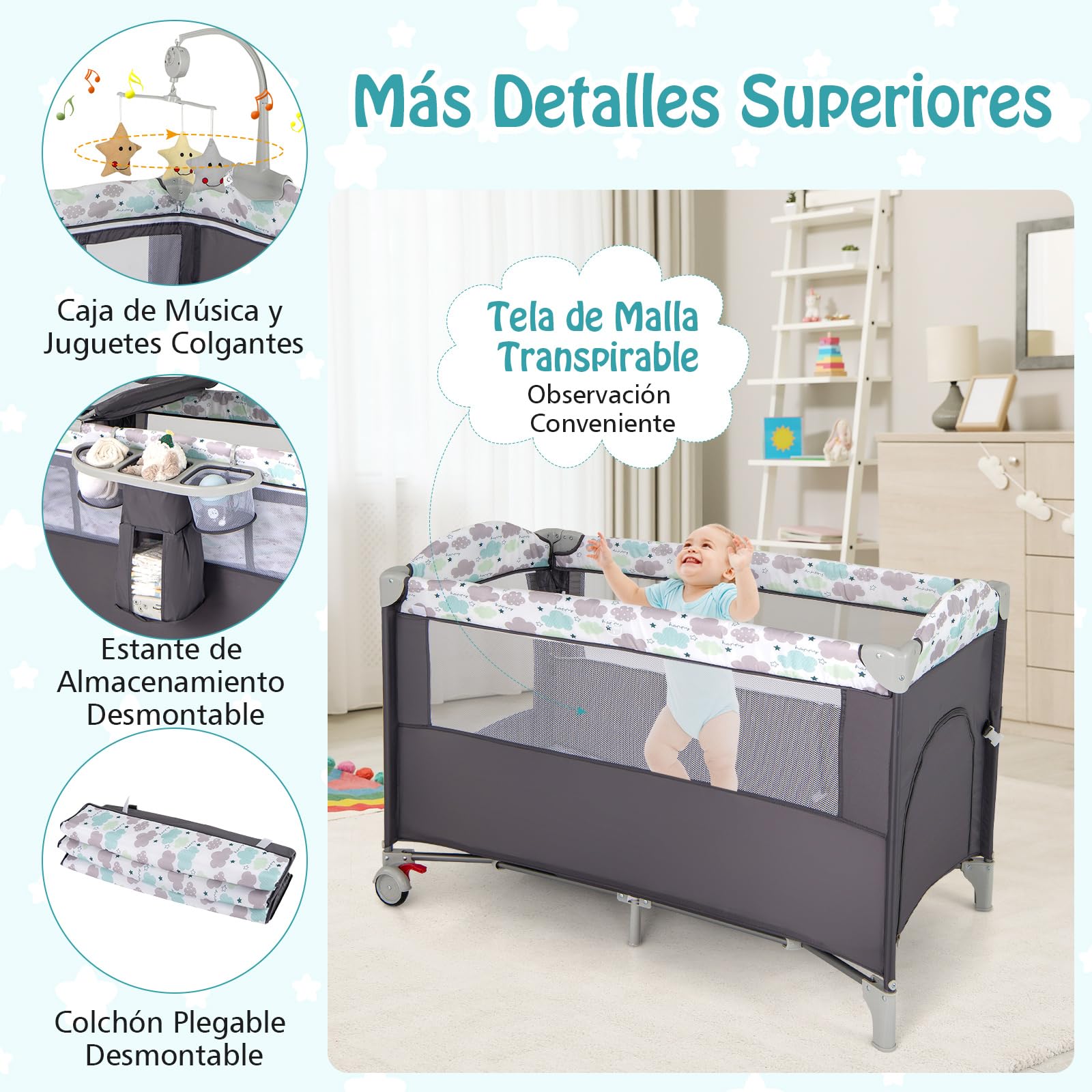 RELAX4LIFE 5 en 1 Cuna Infantil Bebe con 2 Ruedas Bloqueables, Cambiador, Correa Fijación, Caja de Música y 3 Juguetes Colgantes, Cuna con Colchón y Bolsa de Transporte para Bebés 0-36 Meses (Gris)