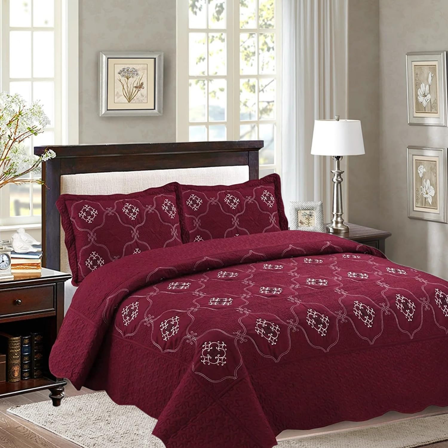 MarCielo 3-Piece Embroidery Quilt Set Lightweight Bedspread Set Coverlet Set Emma (Burgundy, California King)