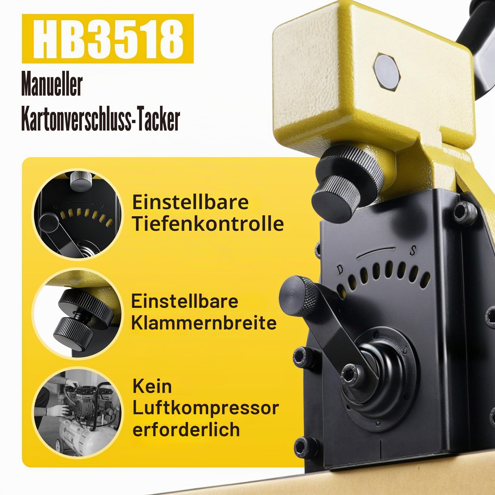 KIMSING Handtacker HB3518 16 Gauge,Tacker für Holz Pappkartons,34,7 mm Krone,18 mm Länge,Kartonverschluss,Wellpappe-Hefter | Ohne Kompressor, Magnesiumleichtbau, Tiefe einstellbar für Kartons, mit Entklammerer und Zuführer