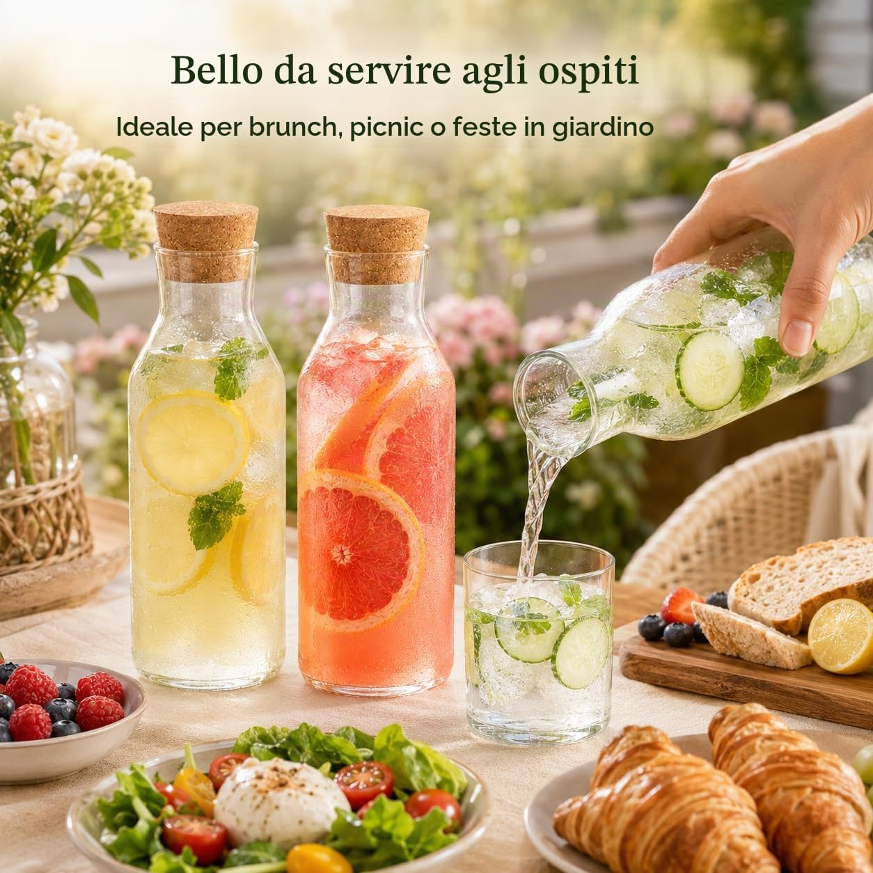 YAYODS 4 caraffa per acqua con tappo in sughero – caraffa in vetro da 1,2 litri – caraffa in vetro con coperchio per acqua frizzante, frutta, succhi di frutta, ristoranti, feste, matrimoni, compleanni