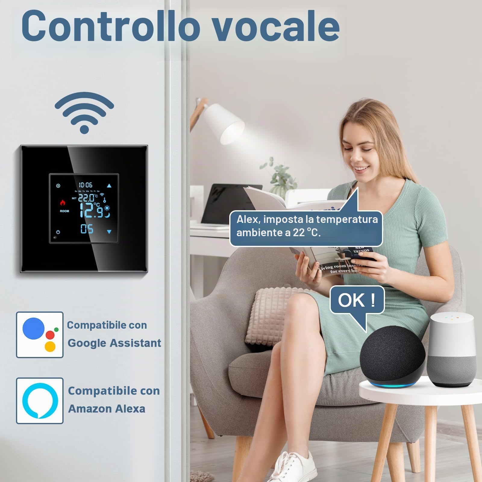 CNBINGO Termostato intelligente da incasso con sonda, termostato digitale per acqua, riscaldamento a pavimento e caldaia, compatibile con Alexa e Google Assistant, controllo vocale, nero con cornice