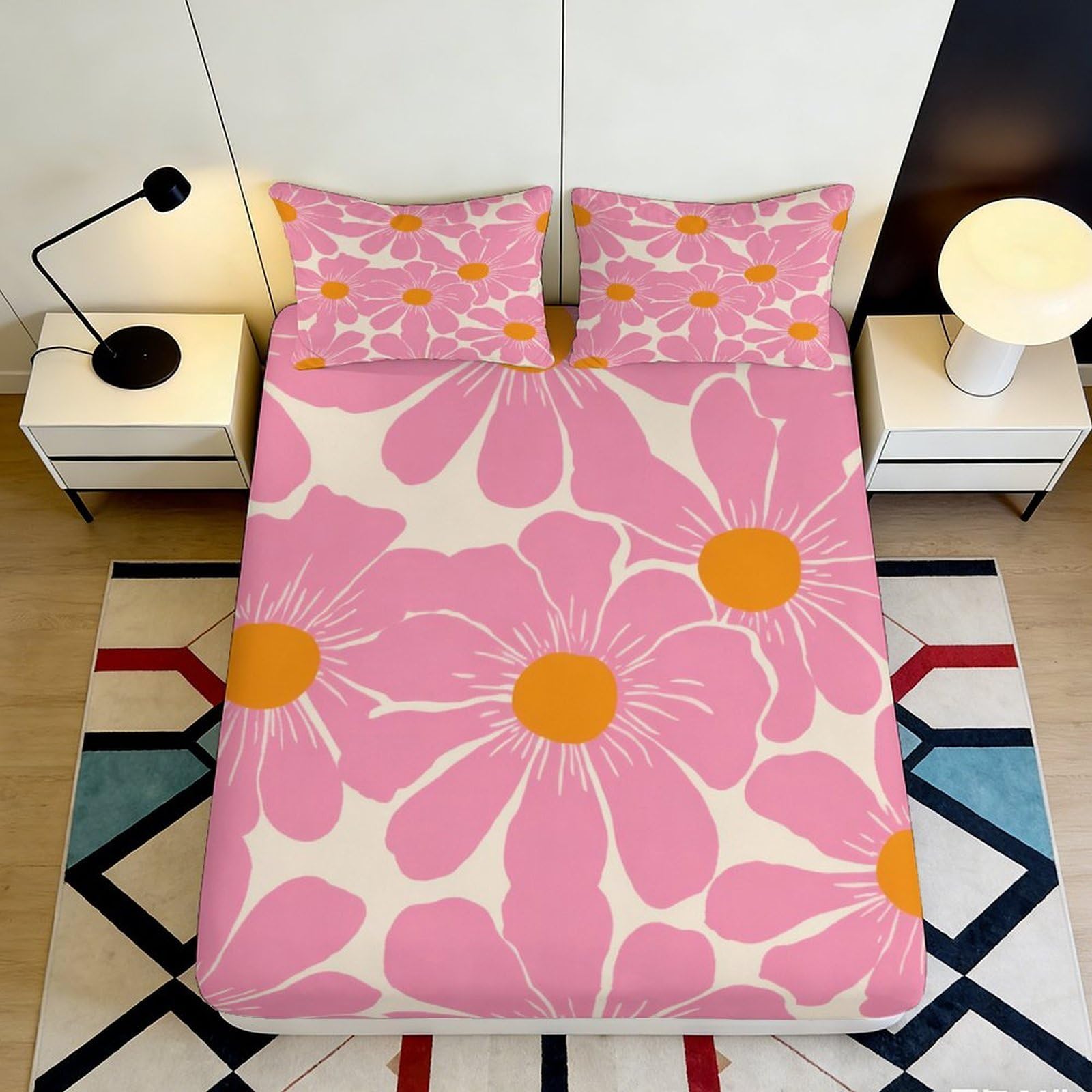 3D Printed Pink Floral Fitted Sheet Microfiber Soft Breathable Daisy Mattress Cover for Bedroom Dormitory Guest Room Mattress Protection Decor 160x200x25cm
