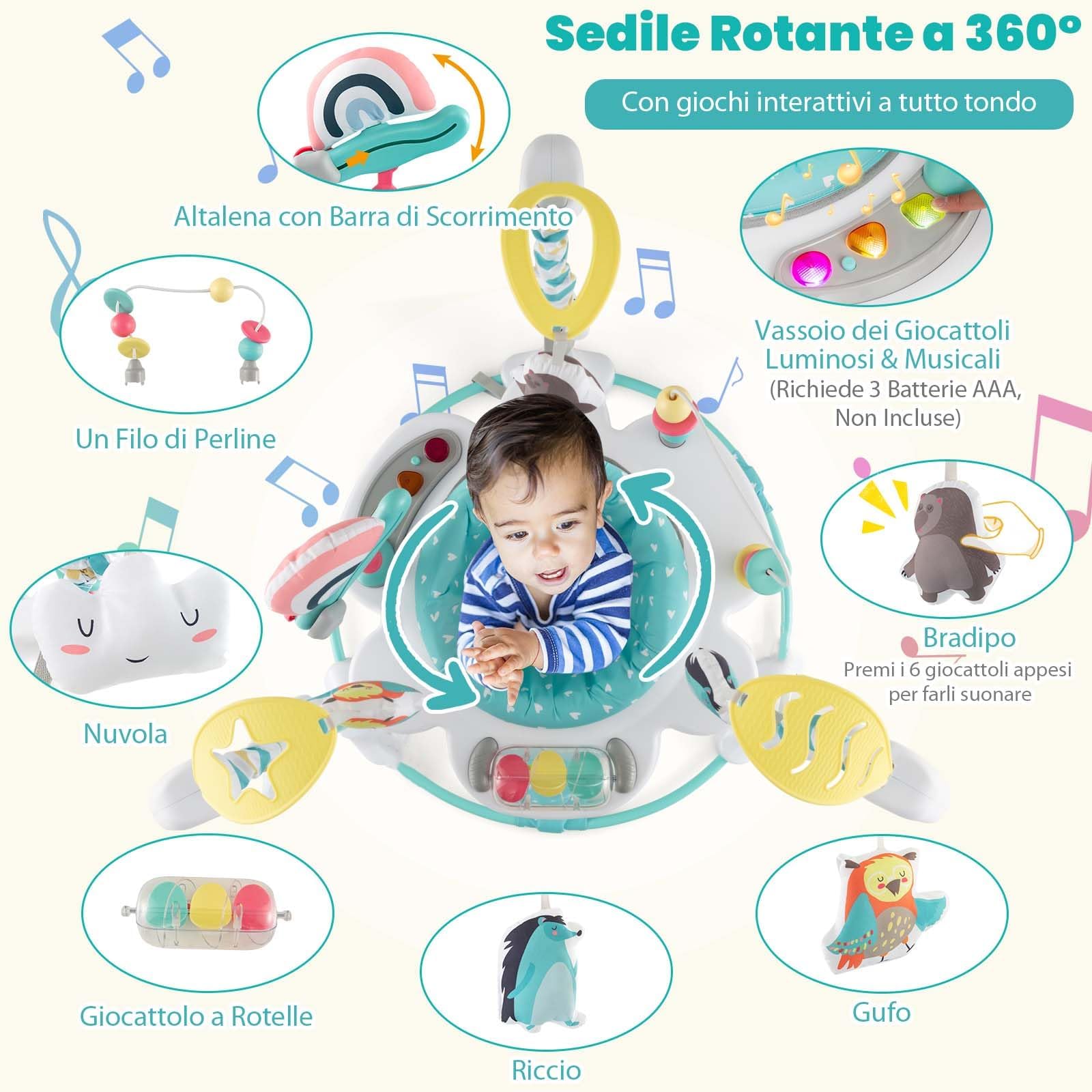 GYMAX Girello Centro attività, Piattino Rimbalzante per Neonati, 3 Altezze Regolabili, Sedile Girevole a 360°, Giocattoli Interattivi, Sdraietta con Musica e Luci per Bambini 6+ Mesi (Blu)