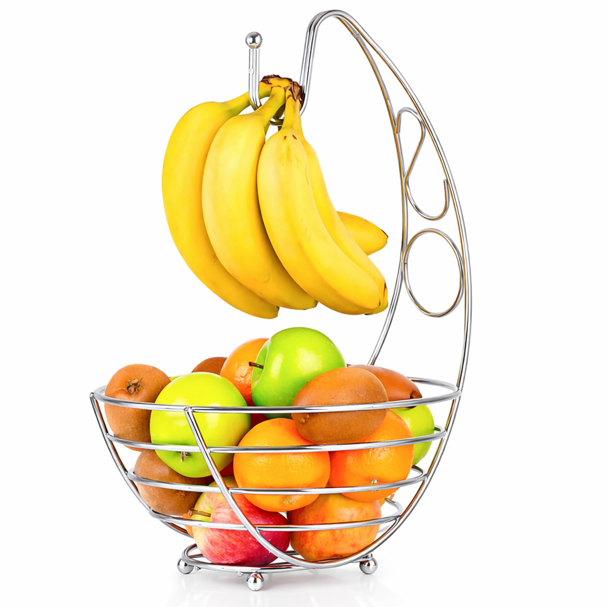 Innoteck Banana Tree Fruit Bowl - Wire Basket with Banana Hanger Hook - Storage for Fruit, Vegetables, Snacks, and More - Decorative Bowl for Kitchen, Table Countertop, and Pantry (Silver)