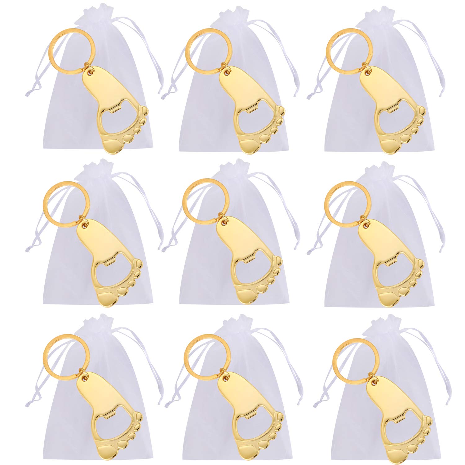 Otwieracz do butelek na baby shower, upominek i dekoracja, otwieracz do butelek na wesele, przyjęcie, z torbami z organzy i podziękowaniami, 12 szt. (złoty, 12)