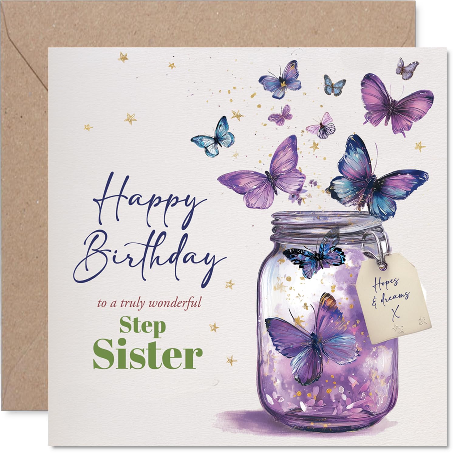 Step Sister Birthday Card, Jar of Butterflies
