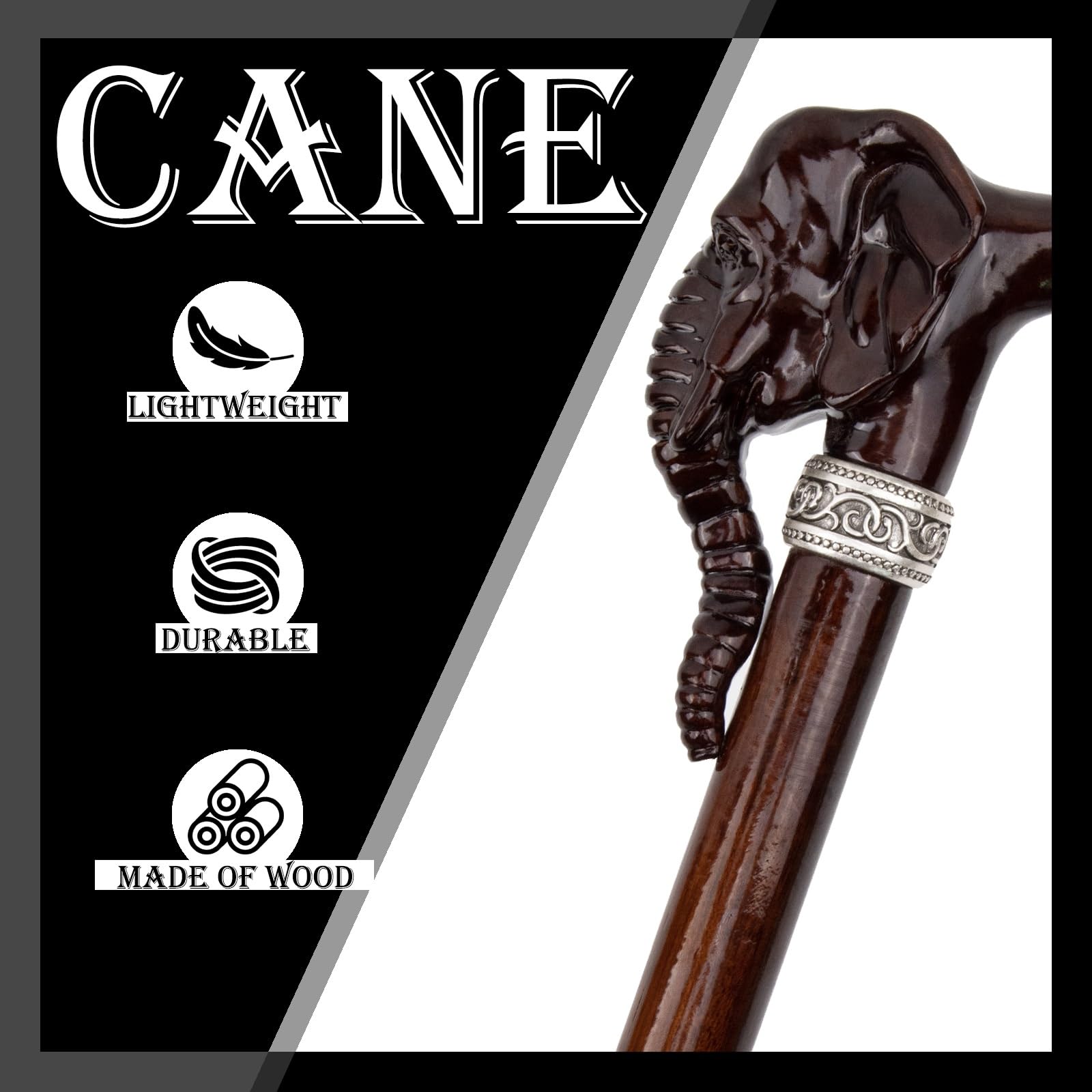 Bastón de Madera con Empuñadura en Forma de Cabeza de Elefante, Bastón Artesanal de Madera Maciza para Hombre y Mujer, Bastón de Movilidad Ligero y Resistente