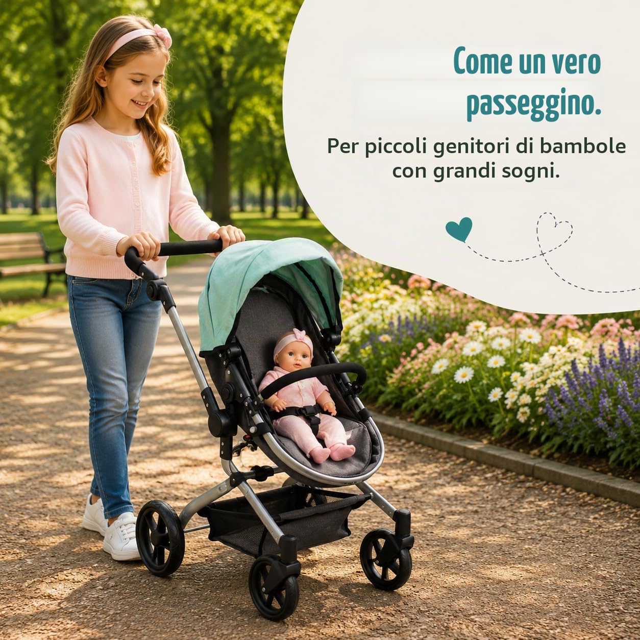 Passeggino per Bambole Yolo 2 in 1 per Bambini dai 4 agli 8 Anni, Melange Antracite/Menta