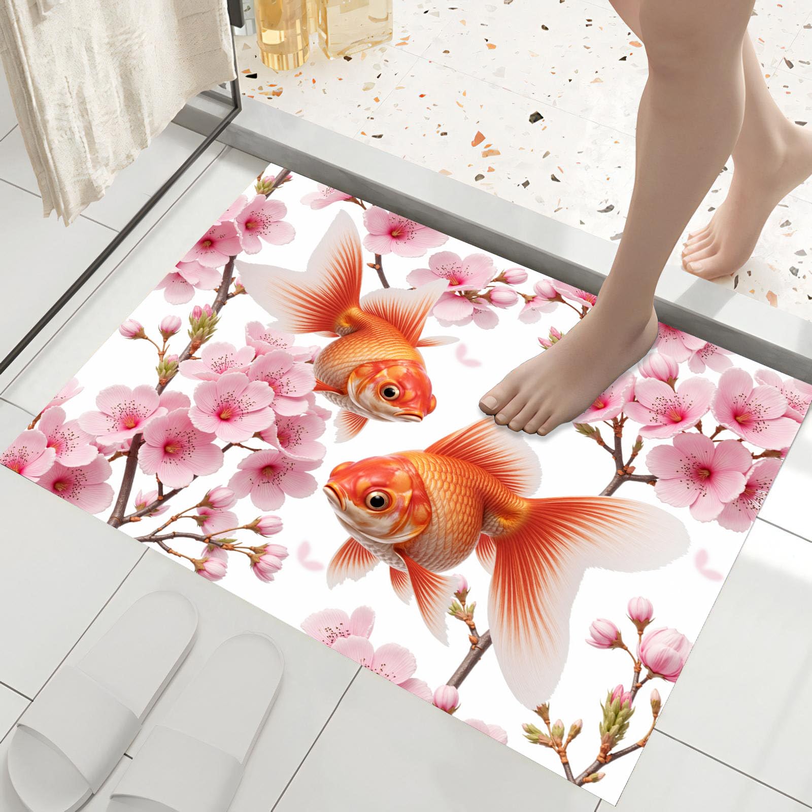 Paillasson poissons rouges et cerisier rose pour égayer votre entrée de maison 60x90cm