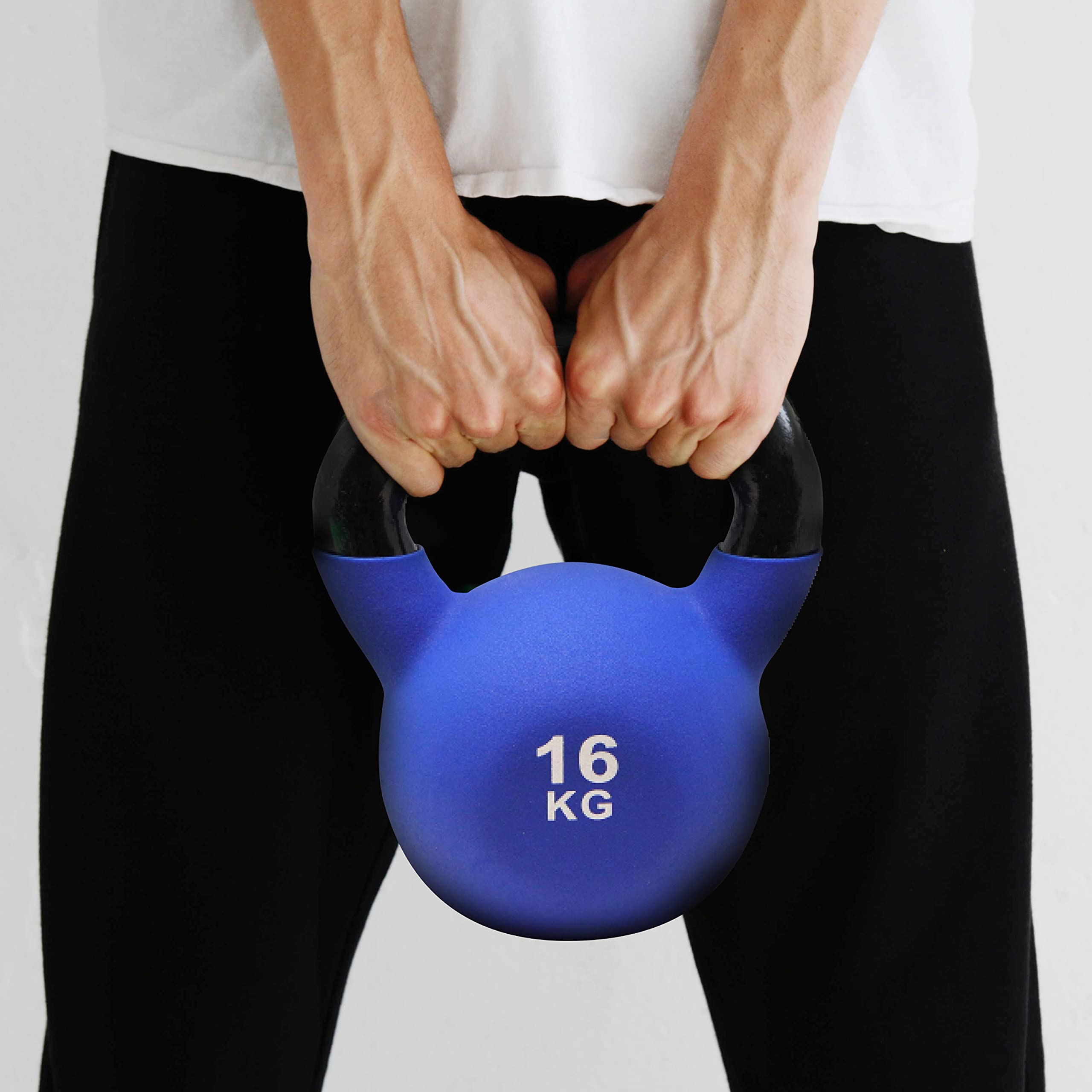 POWRX Kettlebell ghisa 16 kg - Ideale per esercizi di »Functional Fitness« - Rivestimento in neoprene & Presa antiscivolo + PDF workout (Blu)